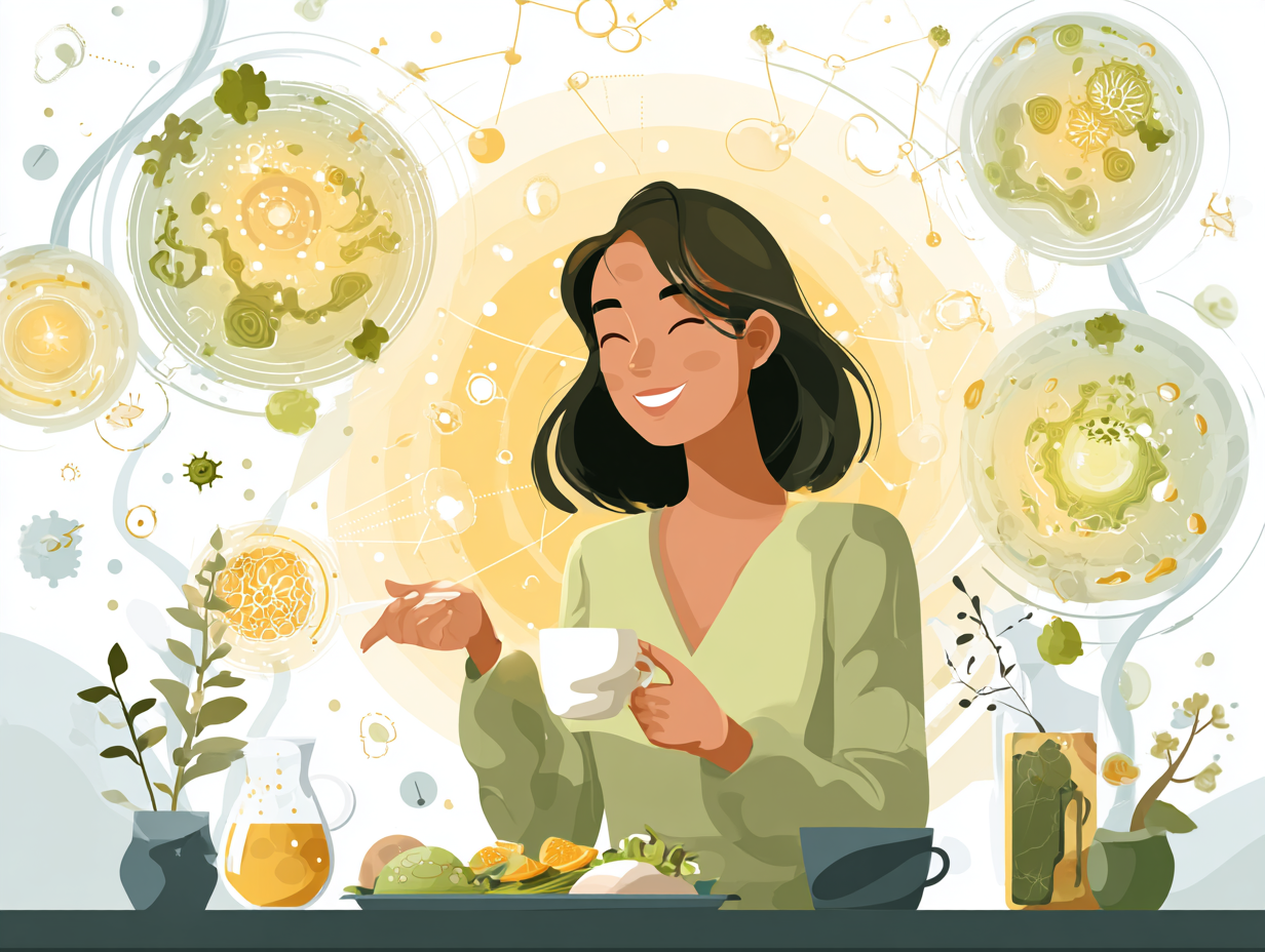 Ilustração de causas do fungo genital, como açúcar, estresse e imunidade baixa, ao redor da figura feminina com expressão de desconforto.