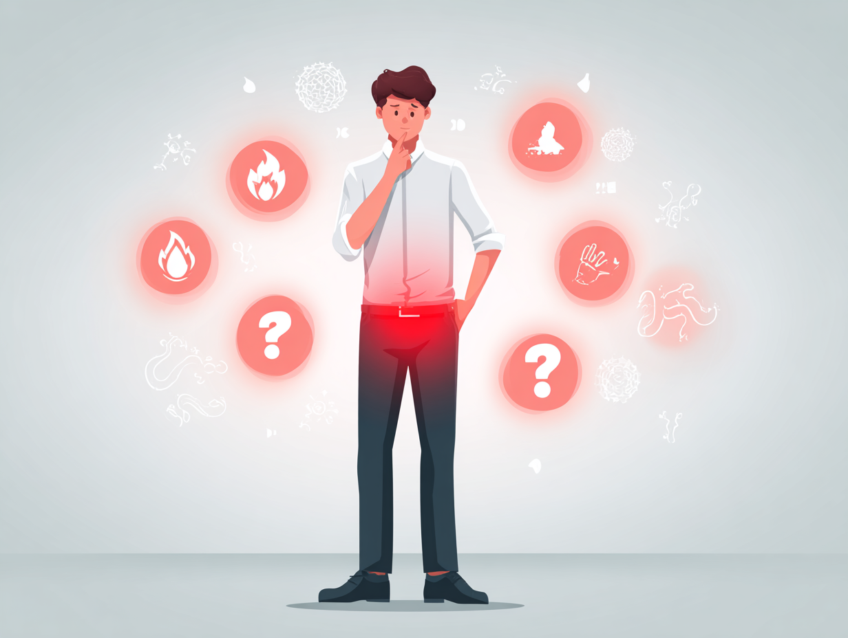Homem com expressão de preocupação e ícones simbólicos ao redor representando sintomas do fungo no pênis, como coceira, ardência e secreção esbranquiçada