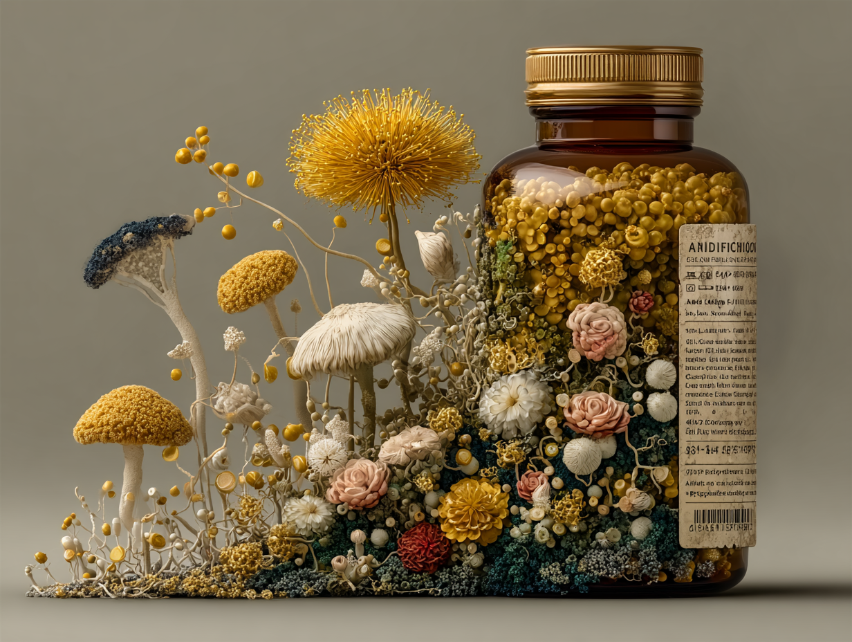 Ilustração de um frasco de antibiótico com pílulas ao redor e fungos se multiplicando em abundância, representando o desequilíbrio causado pelo medicamento.
