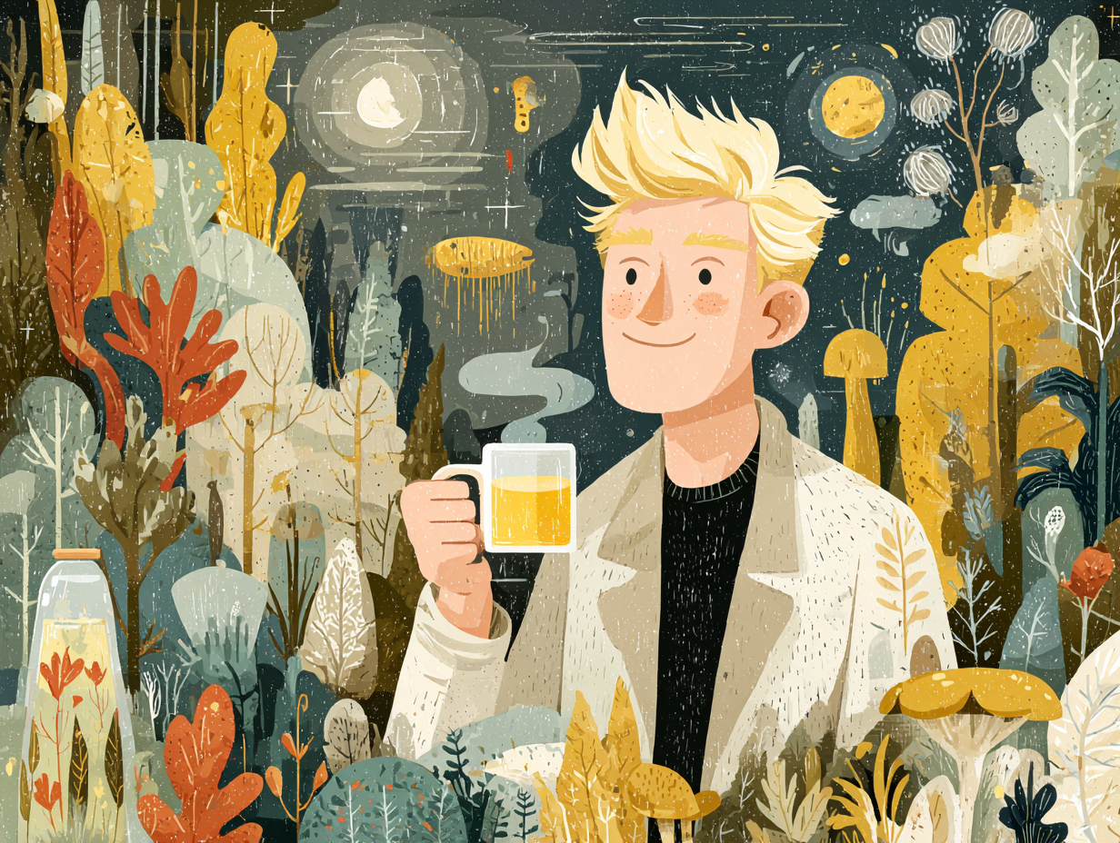 Ilustração flat de homem loiro sorridente tomando chá antifúngico, rodeado por ícones de saúde e microbiota equilibrada, com luz dourada suave mostrando autonomia perante a duvida probiótico para candidíase como usar