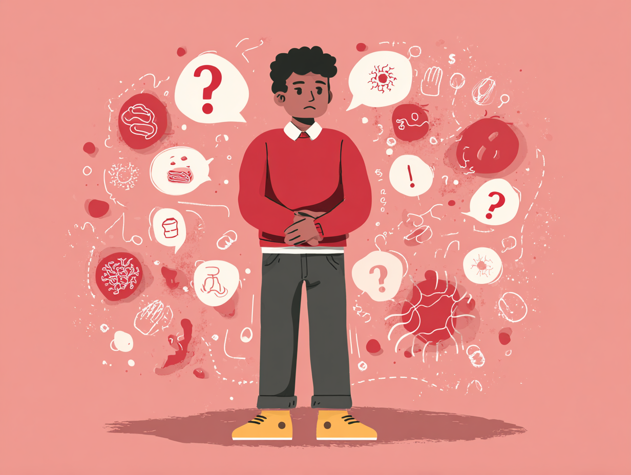 Homem com sintomas de candidíase, como coceira e vermelhidão na glande, ilustrado com símbolos ao redor