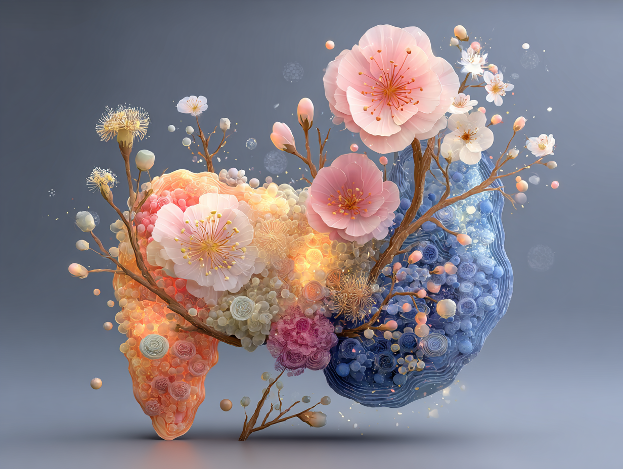 Representação artística e simbólica da flora pelvica feminina com elementos visuais de equilíbrio, bactérias boas e sistema imune