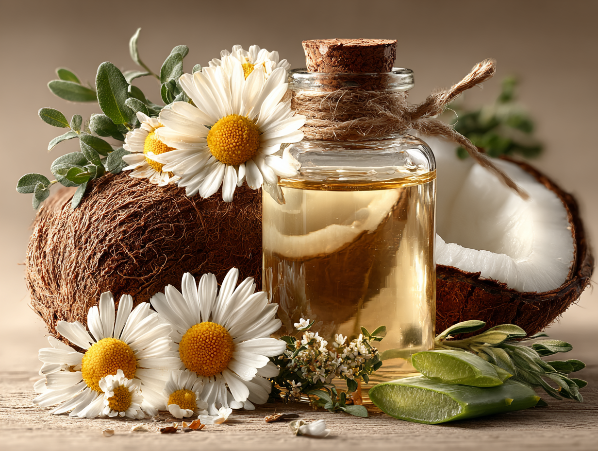 Foto realista dos principais ingredientes usados em pomadas naturais para candidíase: camomila, aloe vera, melaleuca, orégano e óleo de coco.