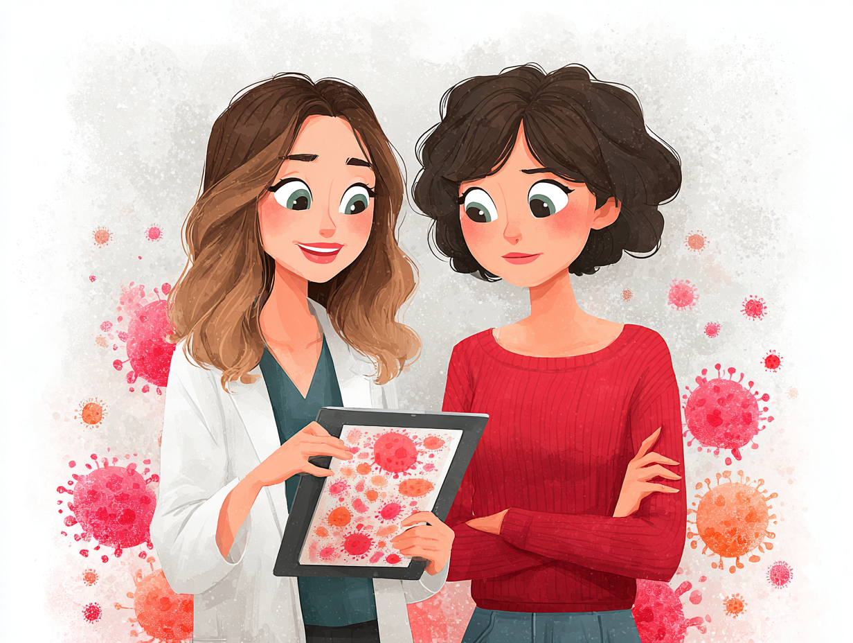 Ilustração flat de médica explicando sobre o uso de probióticos e yakult para candidíase a uma paciente, com ícones de bactérias benéficas e saúde íntima.