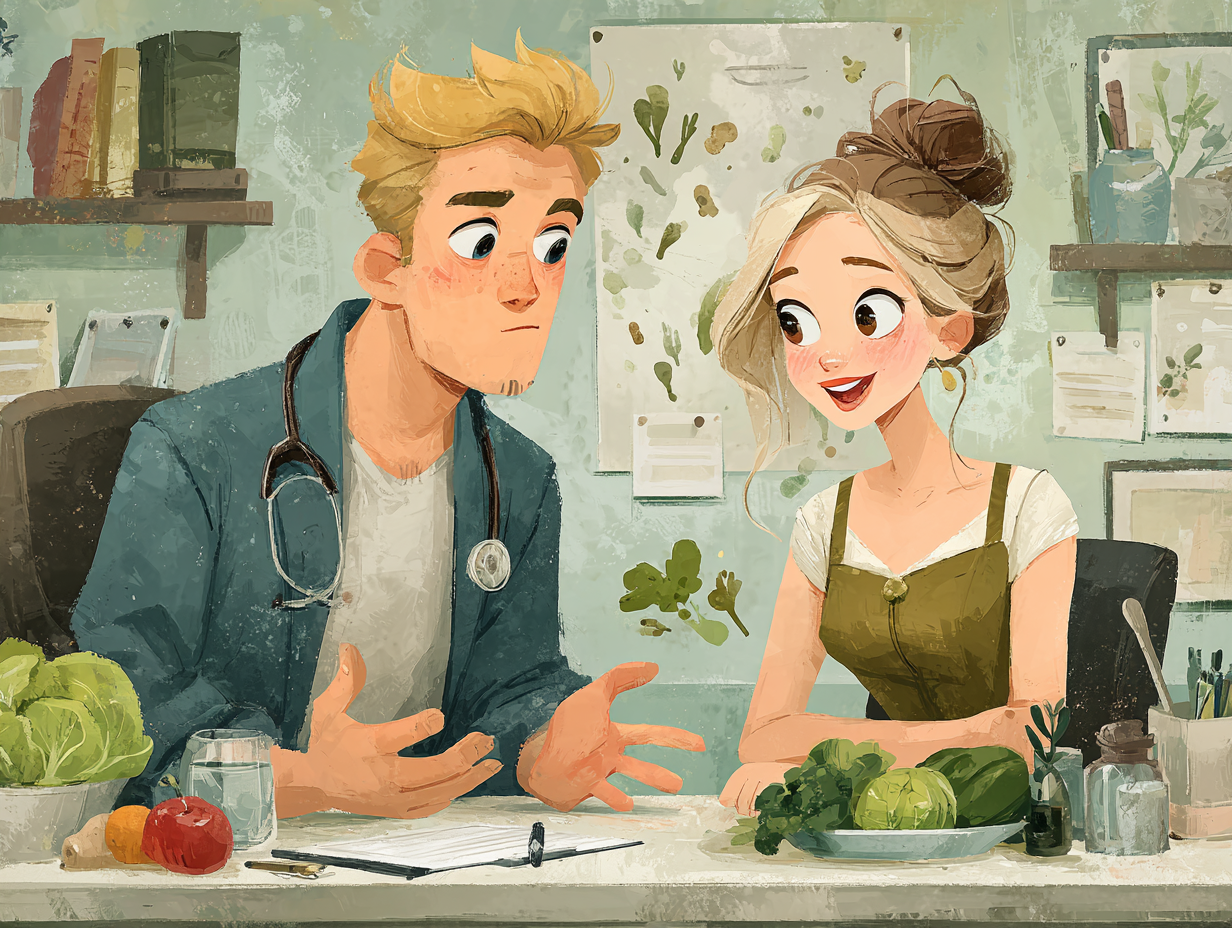 Médico explicando os benefícios de uma alimentação saudável para uma mulher, com símbolos de fungos ao redor, representando o impacto da dieta na candidíase.