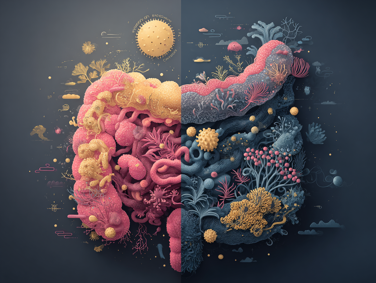 Ilustração flat de uma microbiota intestinal desequilibrada com fungos em excesso, representando disbiose e candidíase