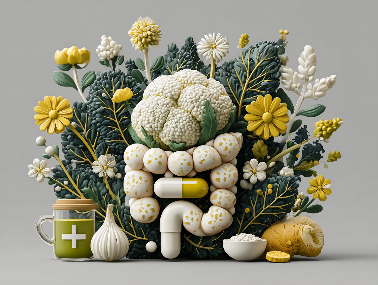 Ilustração médica com alimentos anti-inflamatórios, ícones intestinais e equilíbrio da microbiota, representando suporte funcional contra candidíase