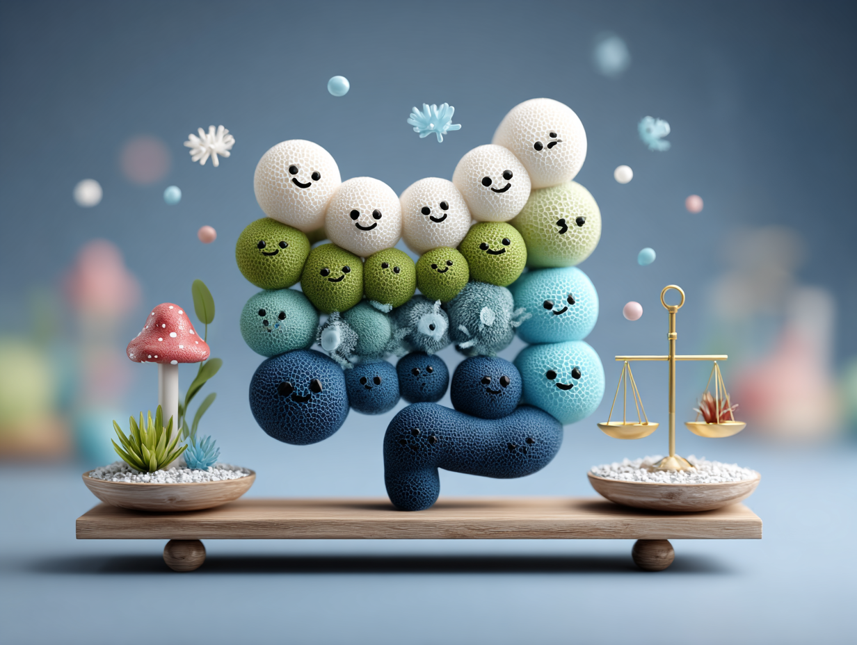 Ilustração conceitual de uma microbiota intestinal saudável, com bactérias benéficas sorridentes representando equilíbrio e proteção contra infecções como a candidíase.