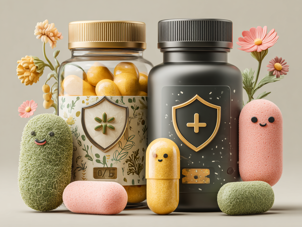 Ilustração mostrando equilíbrio da microbiota com suplemento antifúngico e probióticos para candidíase.