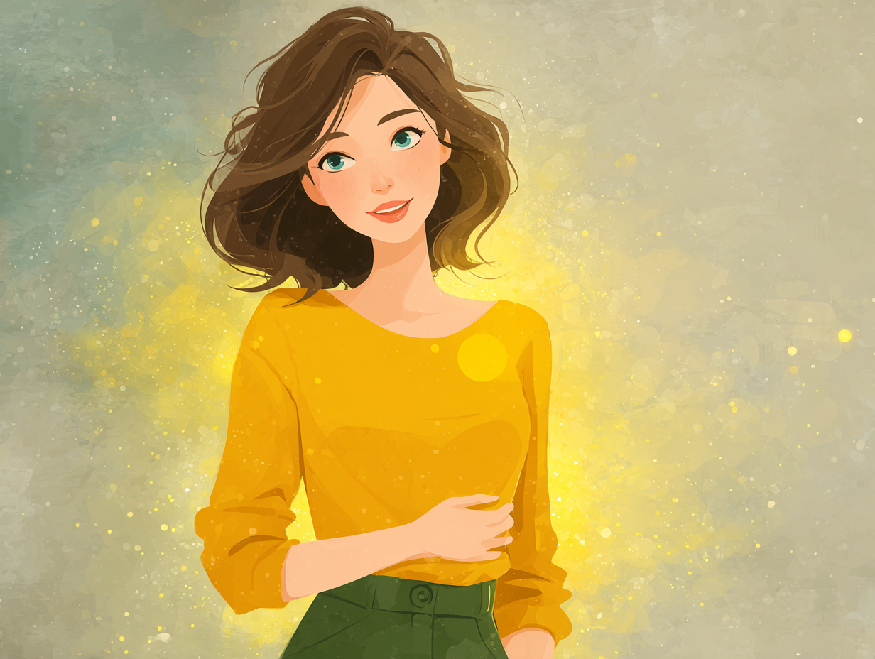 Ilustração flat de mulher feliz com a mão no abdômen e aura dourada, com símbolo de intestino saudável ao lado, representando a modulação intestinal.