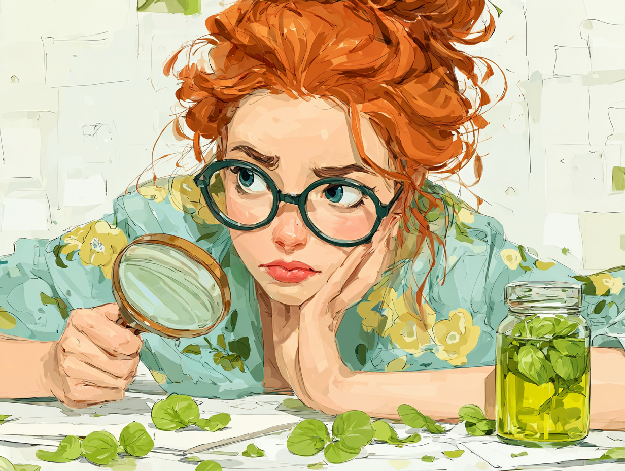 Mulher ruiva analisando um pote verde de óleo de orégano com uma lupa, cercada por folhas de orégano, representando o uso consciente e seguro do produto.