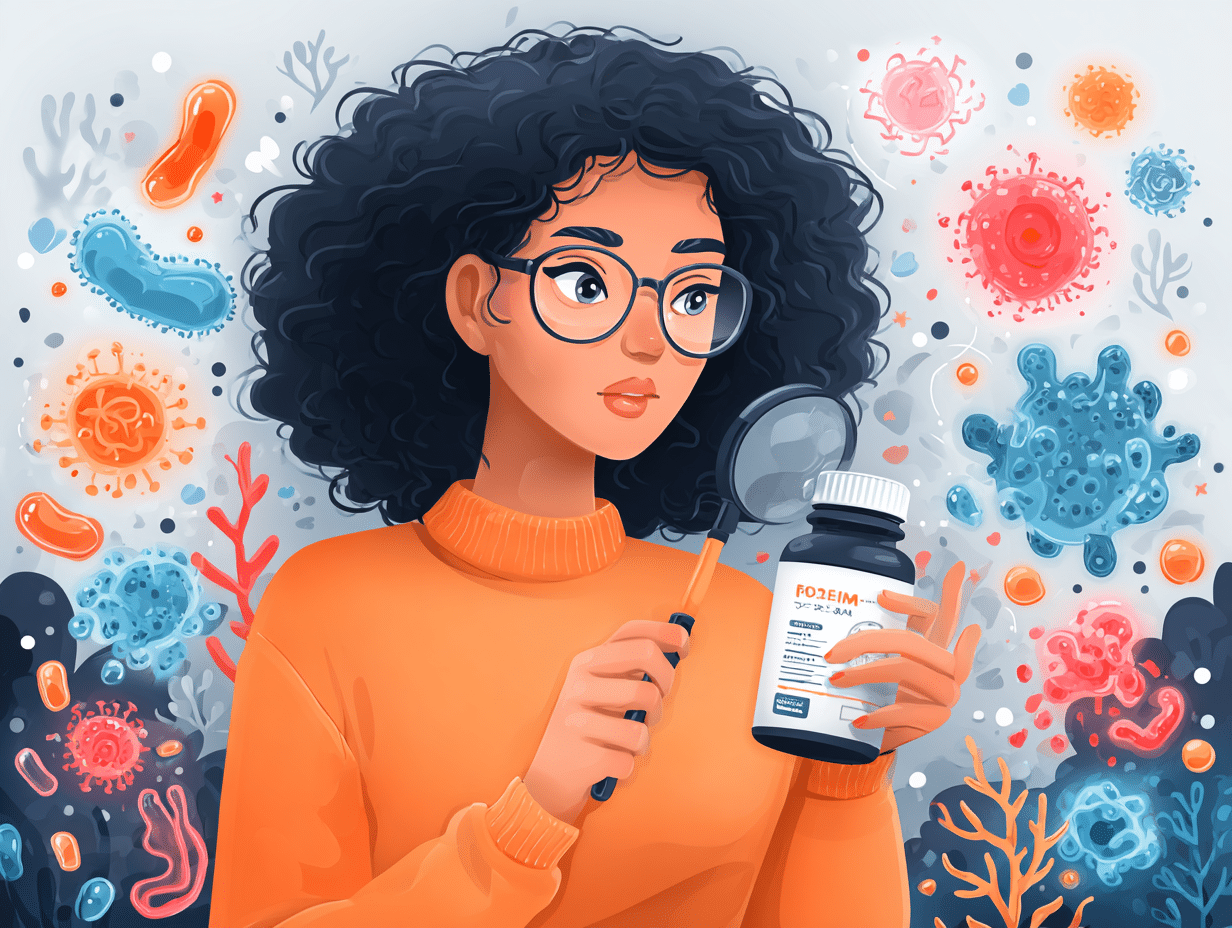 Ilustração de mulher negra examinando um frasco com lupa, com ícones de probióticos ao redor, simbolizando a análise criteriosa de suplementos para candidíase.