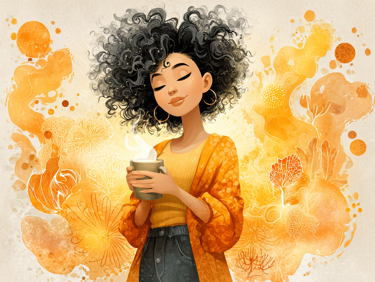 Ilustração flat de mulher negra radiante tomando chá antifúngico, com aura dourada e símbolos de saúde e probióticos ao redor, representando bem-estar e prevenção.