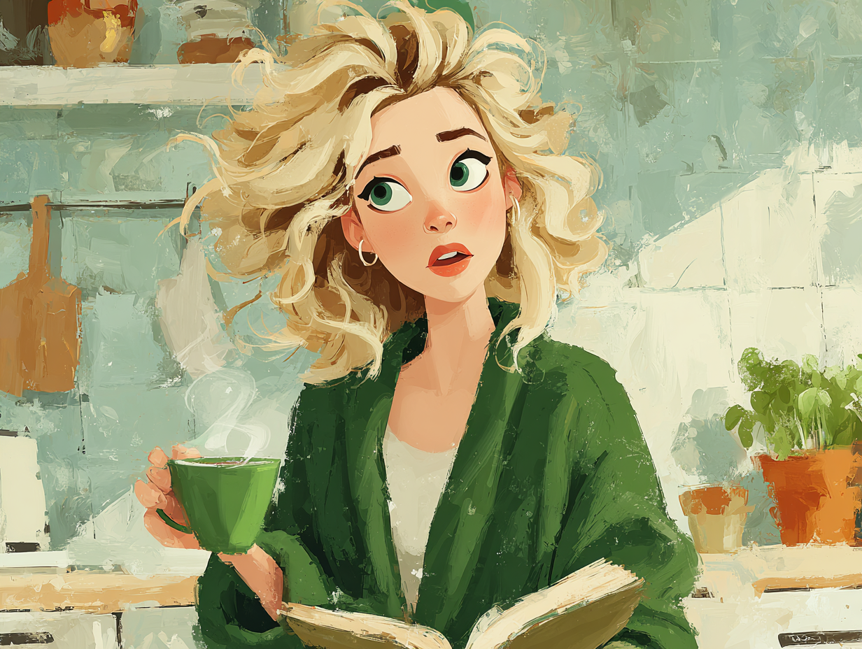 Mulher loira segurando chá de orégano e lendo, em cenário aconchegante de cozinha, representando busca por soluções naturais