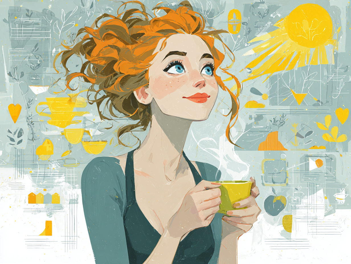 Mulher ruiva feliz tomando chá de orégano com luz dourada saindo da xícara, em um cenário de bem-estar, saúde e alimentação natural.