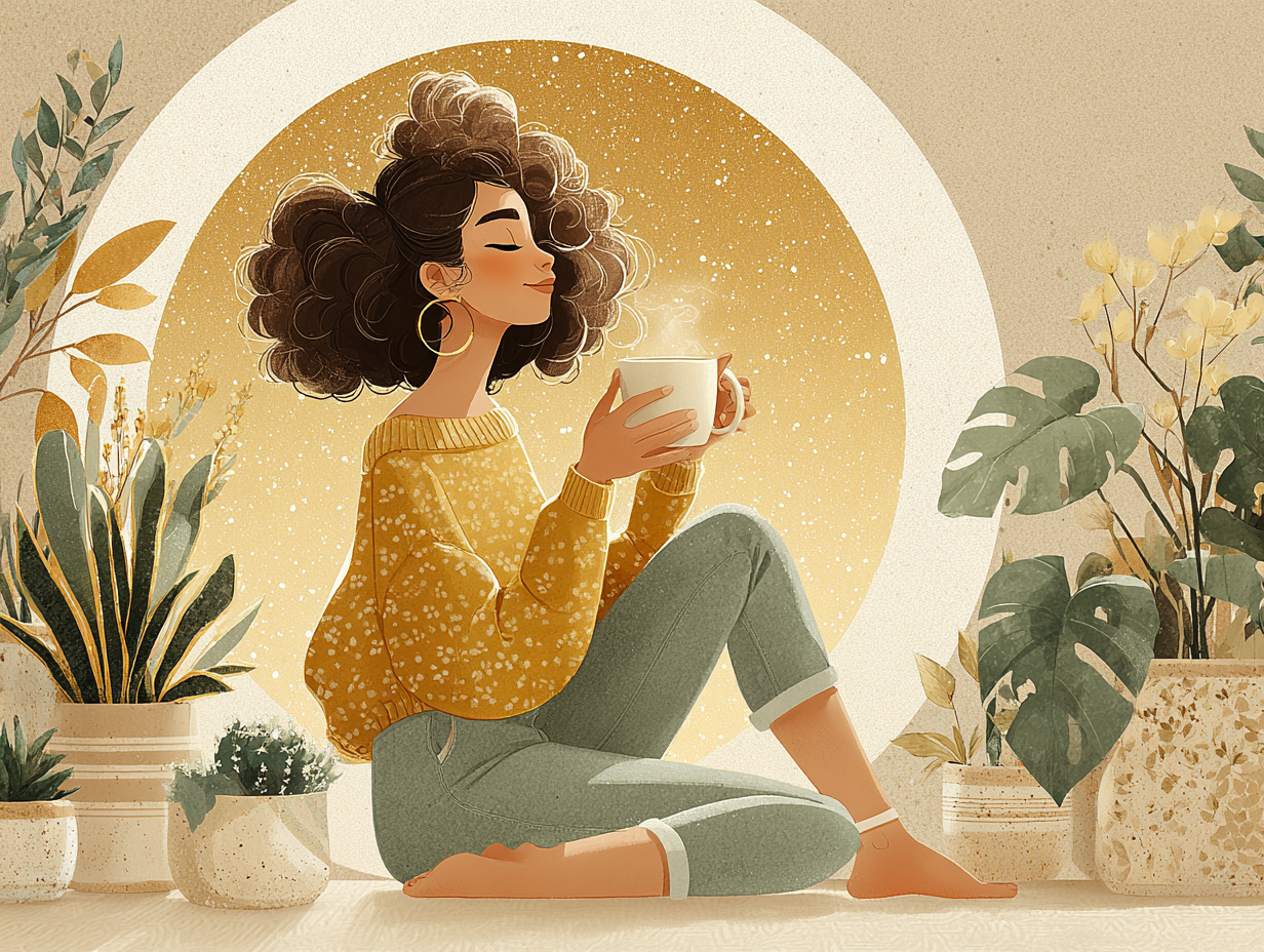Ilustração de mulher branca feliz tomando chá antifúngico em casa com uma aura dourada ao redor, simbolizando equilíbrio e bem-estar no tratamento da candidíase