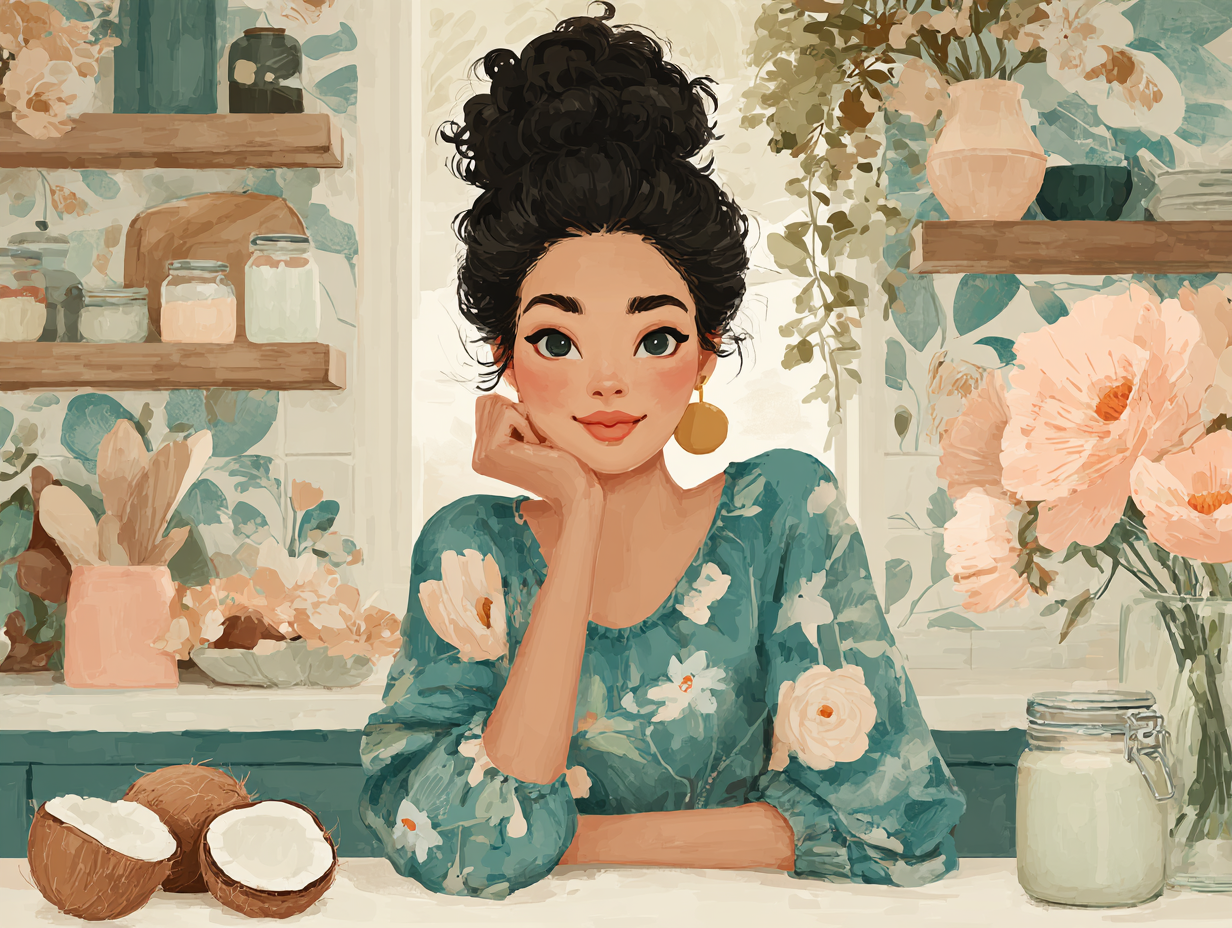 Ilustração flat de mulher morena sorridente segurando óleo de coco atrás de balcão com cocos, simbolizando confiança no uso do óleo para candidíase