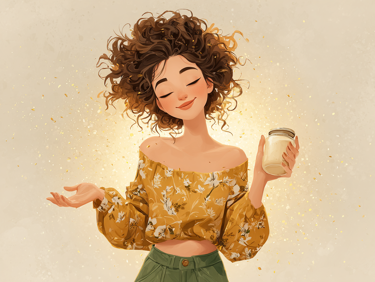 Ilustração de mulher morena feliz com pote de óleo de coco nas mãos e aura dourada ao redor, representando o uso natural do óleo no alívio da candidíase