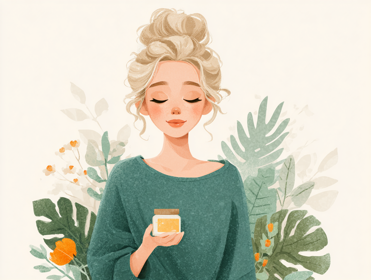 Ilustração flat de uma mulher loira sorridente segurando uma pomada natural para candidíase, representando bem-estar e alívio dos sintomas da candidíase.