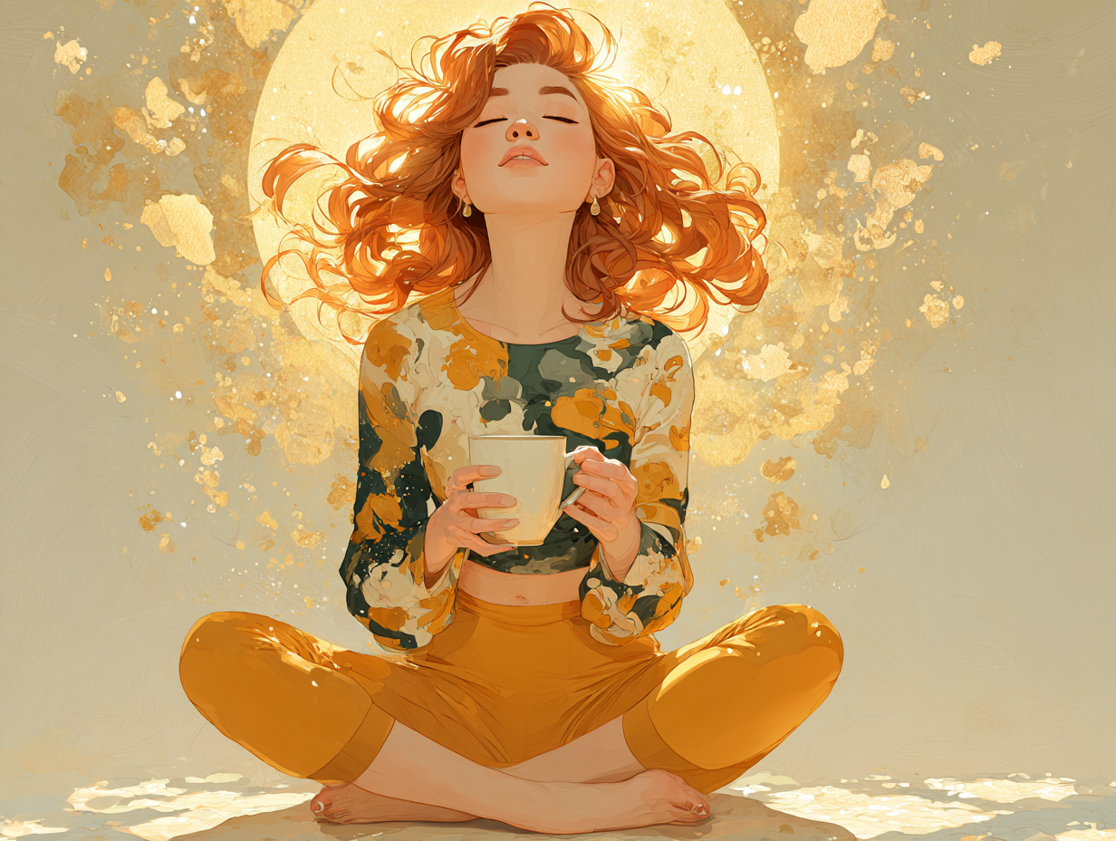 Mulher ruiva feliz tomando chá, com aura dourada na região pélvica, simbolizando a eficácia do remédio caseiro para candidíase aliado ao cuidado integrativo.