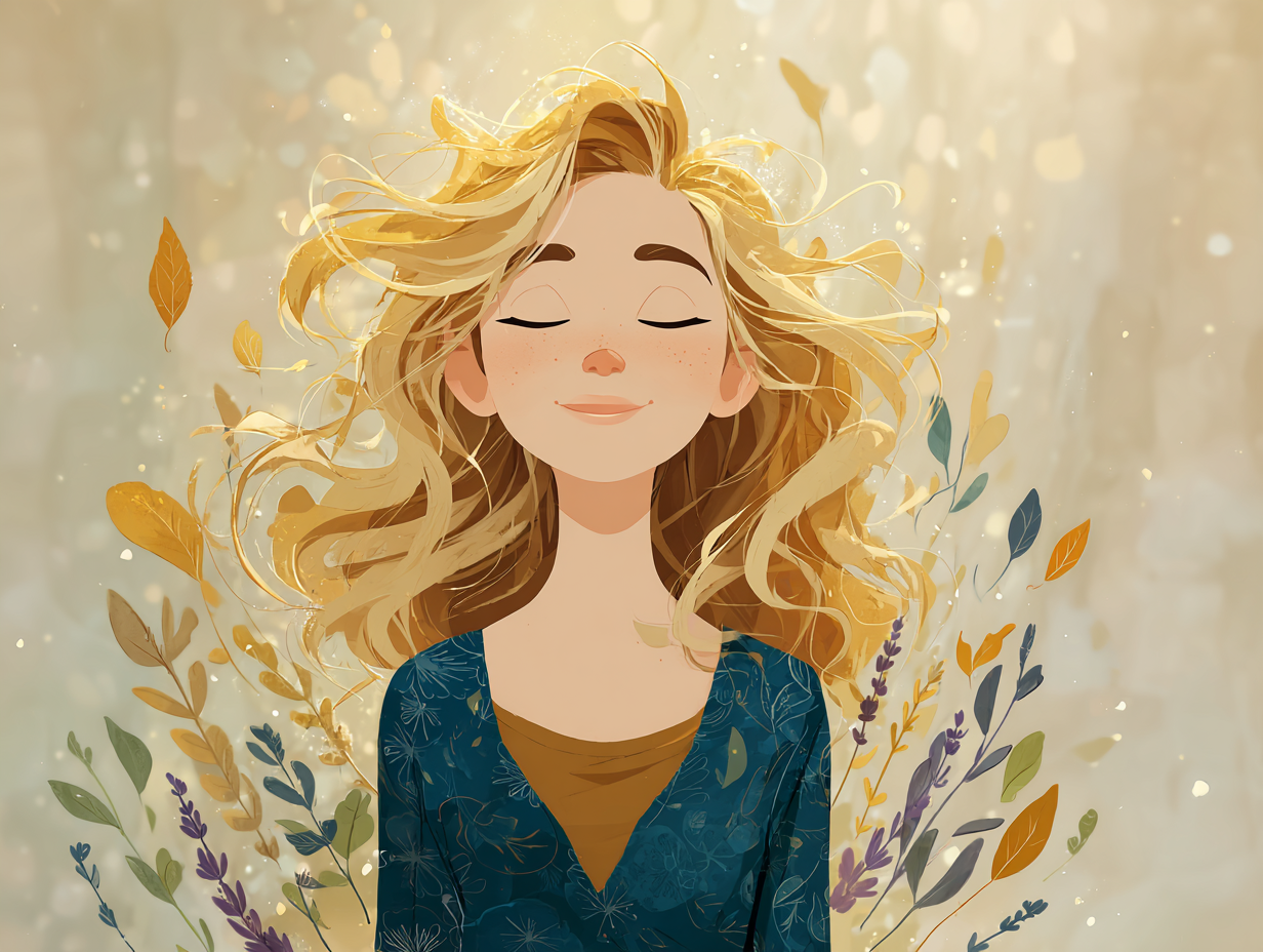 Ilustração de mulher loira com aura dourada e ervas ao redor, simbolizando bem-estar e recuperação natural da candidíase com apoio de óleos essenciais.