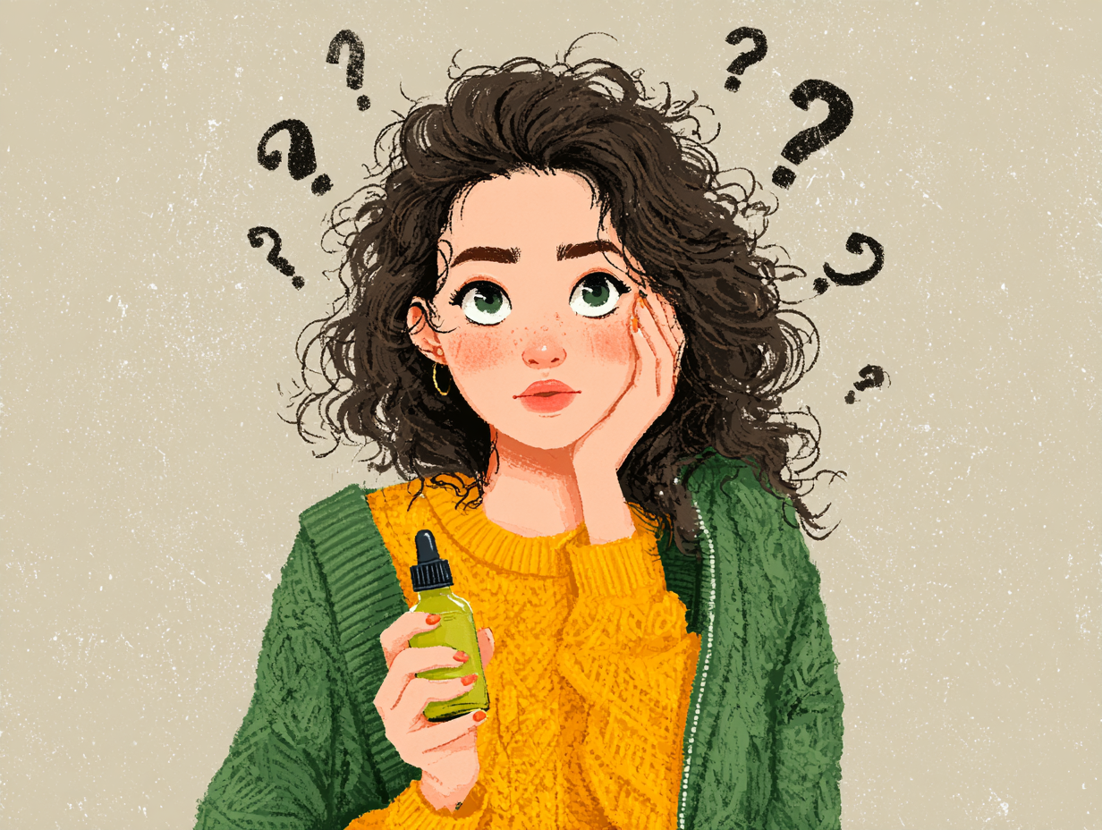 Ilustração flat de uma mulher de pele morena segurando um frasco de óleo essencial de melaleuca, expressando dúvida sobre como utilizar.