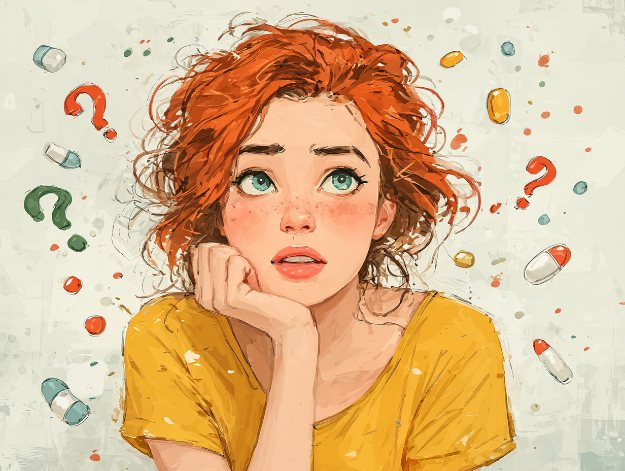 Ilustração de mulher ruiva cercada por cápsulas de suplementos, com interrogações sobre a cabeça, representando dúvidas sobre probióticos para candidíase