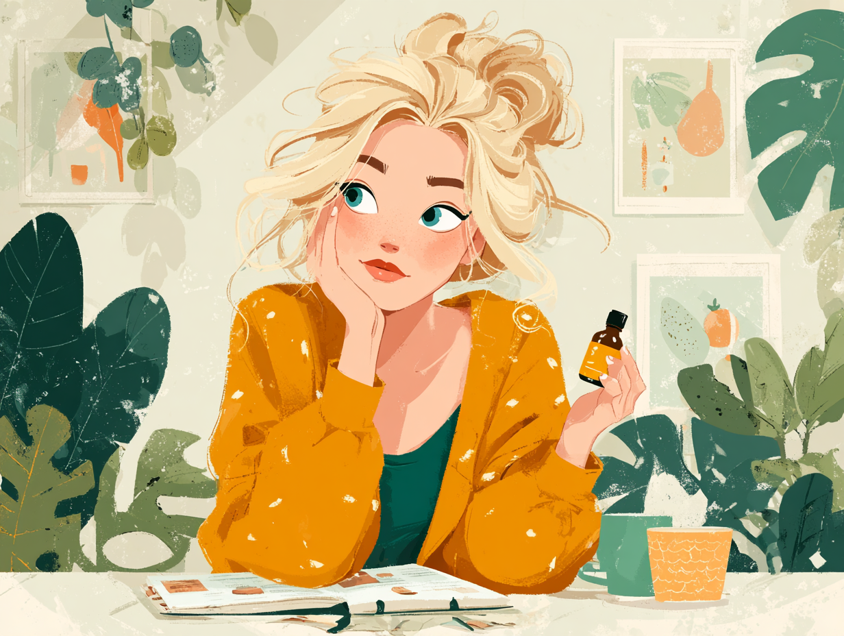 Ilustração flat de mulher loira analisando a bula de um óleo essencial, representando o cuidado e a busca por segurança no uso.