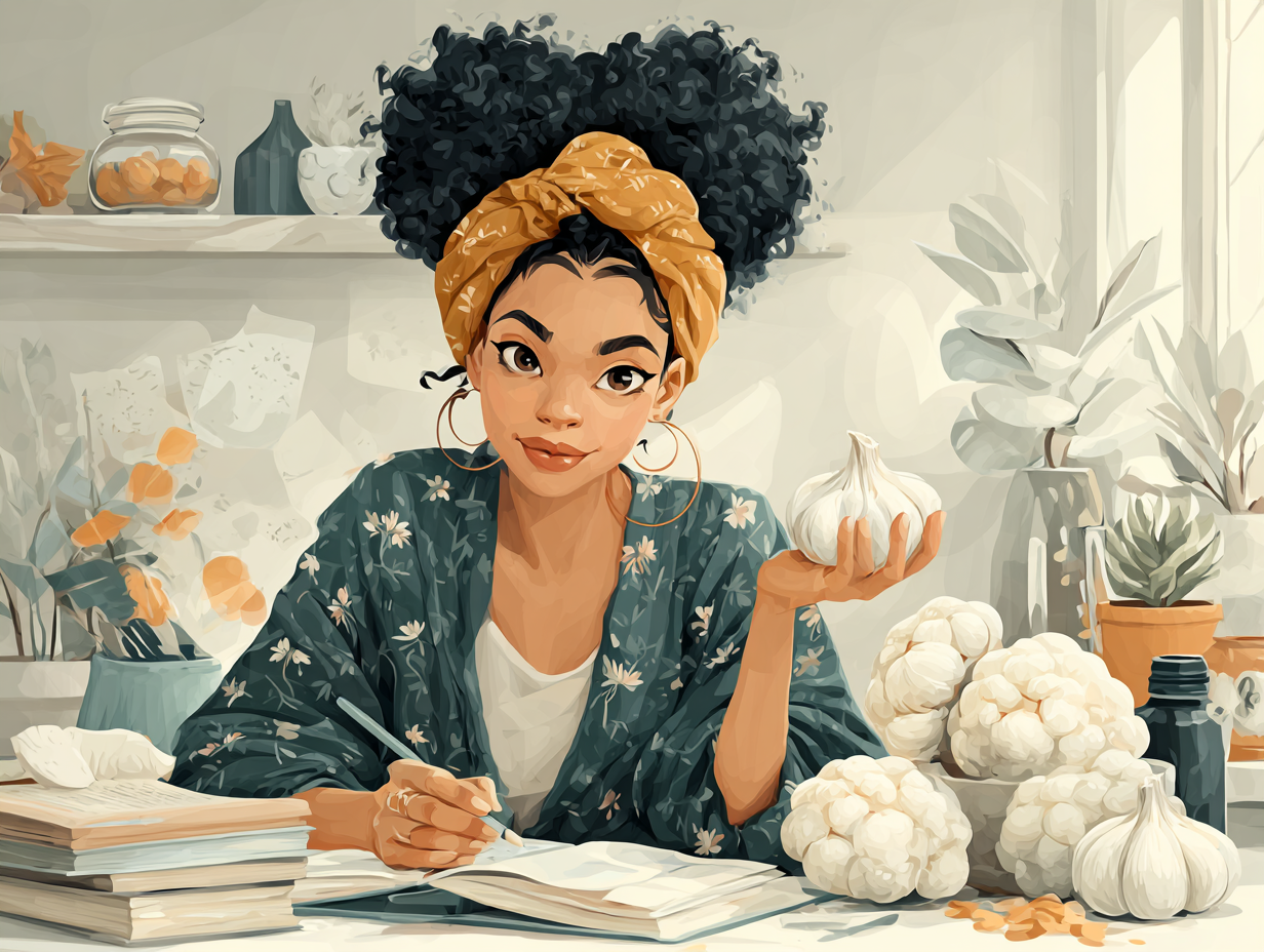 Ilustração em estilo flat de uma mulher negra sorrindo e segurando um alho enquanto estuda sobre soluções naturais para saúde íntima.