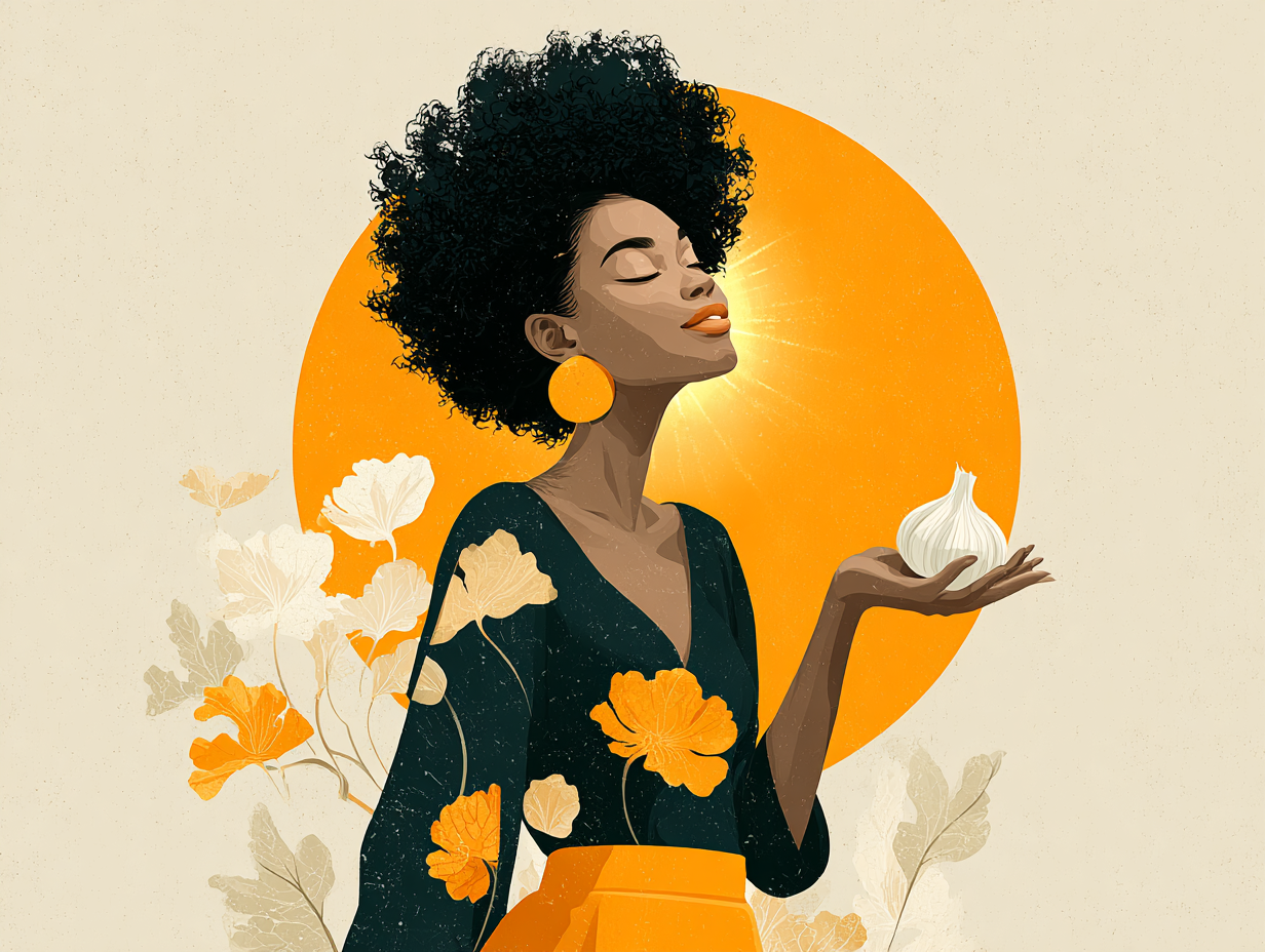 Ilustração flat de uma mulher negra feliz com aura dourada e segurando um alho, representando equilíbrio natural e bem-estar.