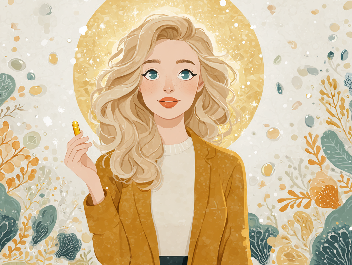 Ilustração flat de mulher loira radiante tomando cápsula probiótica para candidíase, com aura dourada e símbolos de microbiota equilibrada ao redor.