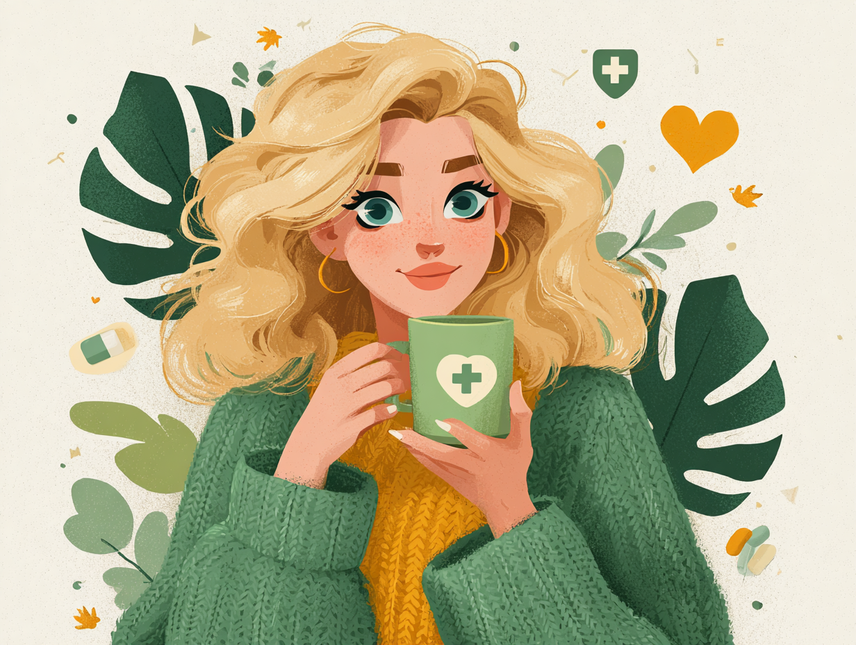 Ilustração flat de mulher loira radiante tomando cápsula com chá antifúngico, rodeada por símbolos de saúde e bem-estar.
