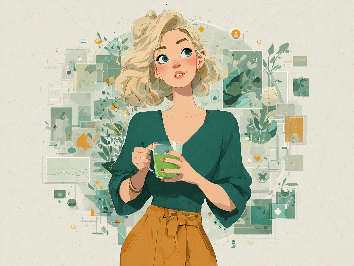 Ilustração de mulher loira radiante tomando chá, cercada por símbolos de saúde, representando prevenção e equilíbrio após recuperação da candidíase