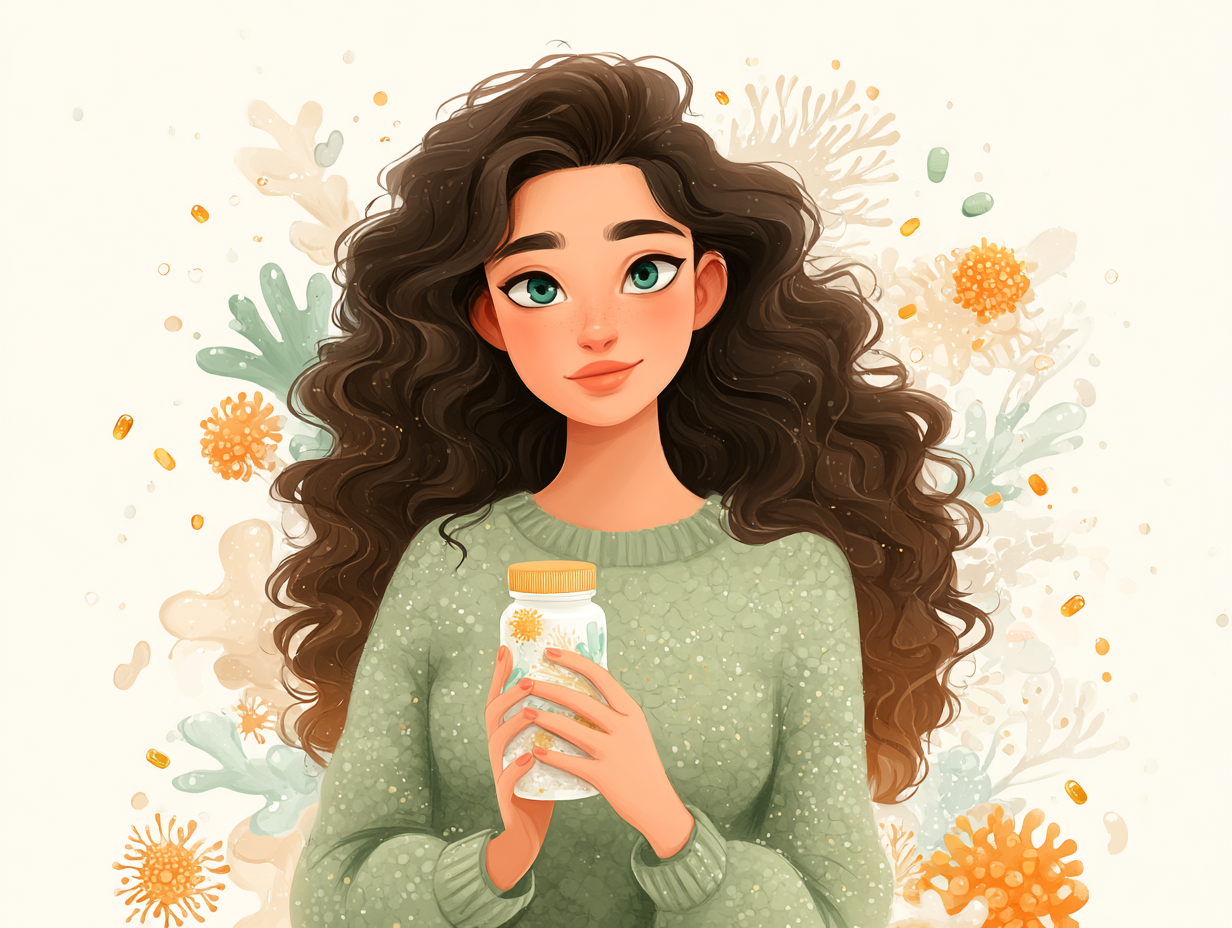 Ilustração flat de mulher morena segurando suplemento probiótico, com símbolos ao redor representando saúde intestinal, o equilíbrio da microbiota e os lactobacillus para candidíase.