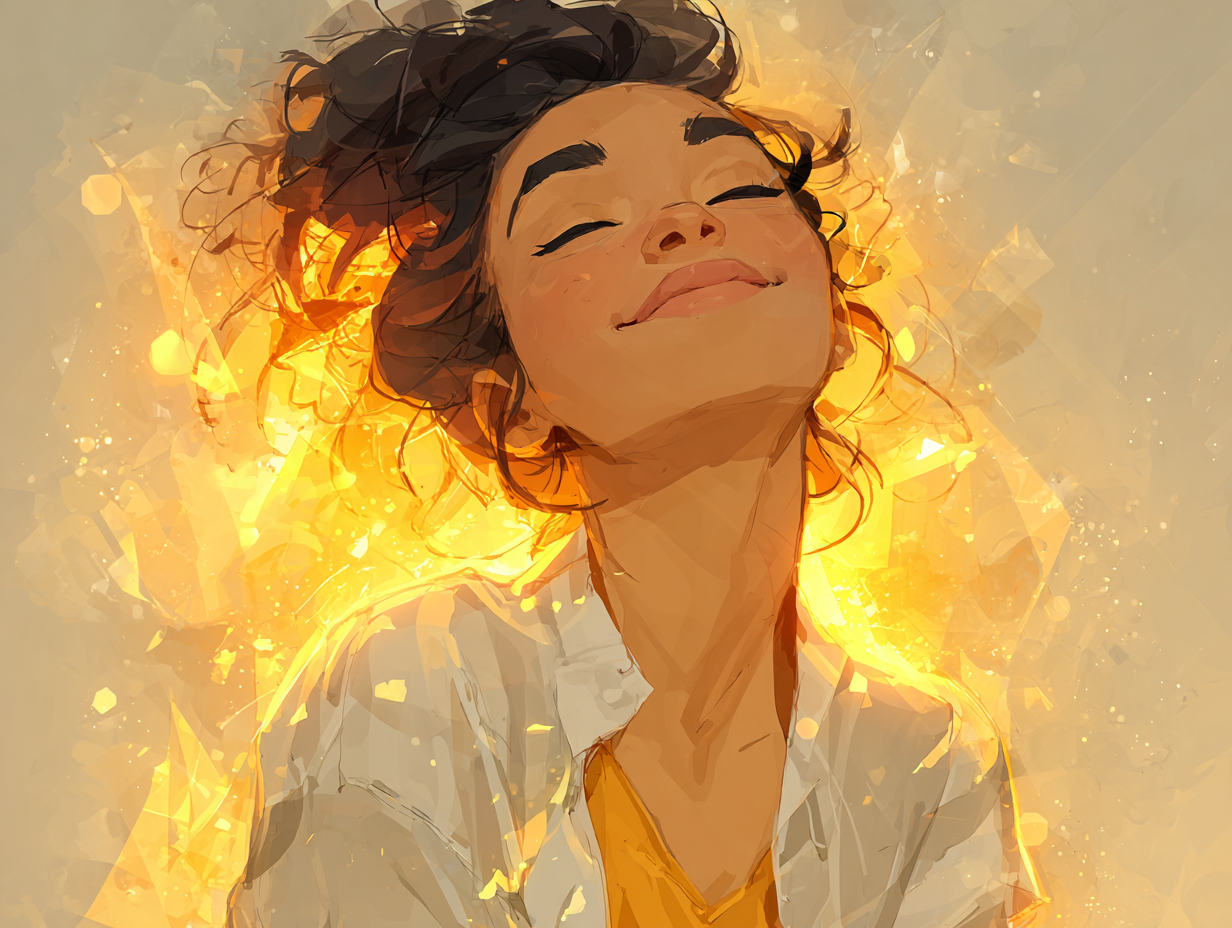  Ilustração de uma mulher morena feliz e com aura dourada ao redor, representando bem-estar e saúde após superação da candidíase.