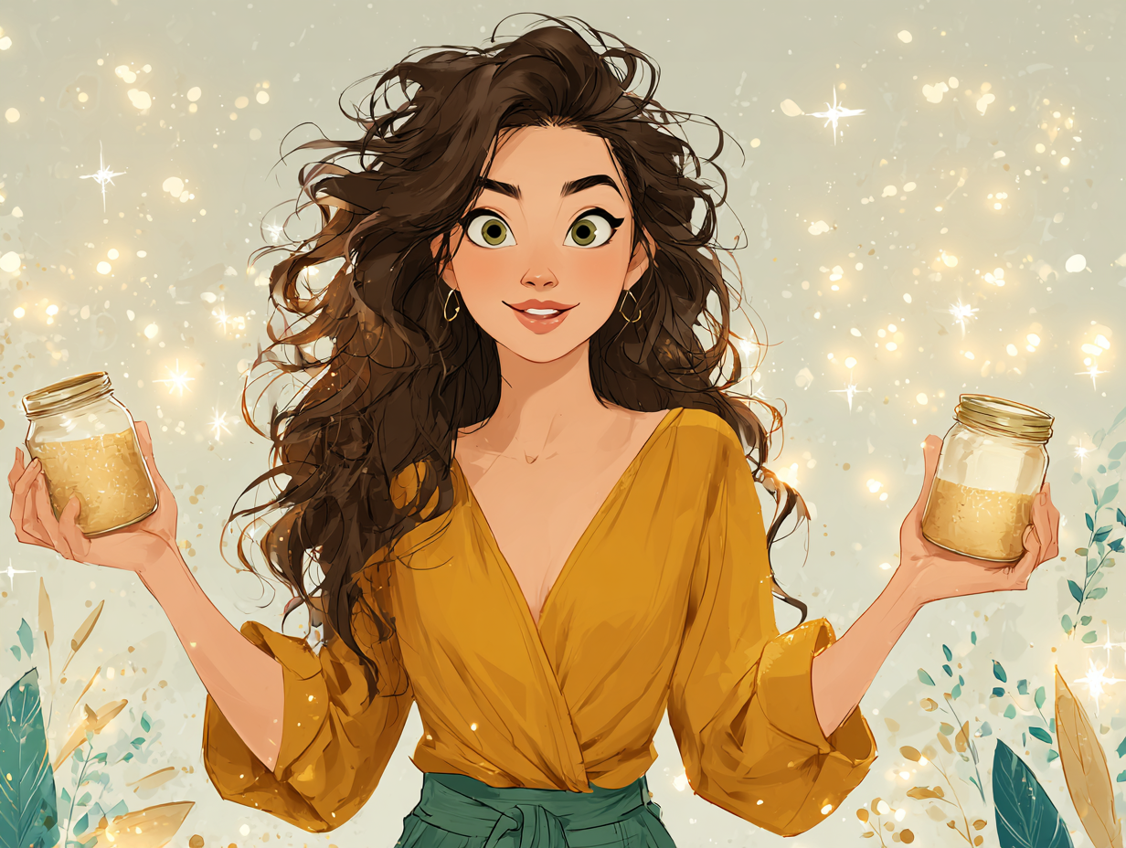 Ilustração flat de mulher morena sorridente e iluminada com luz dourada, segurando dois suplementos, simbolizando a recuperação natural com lactobacillus para candidíase.