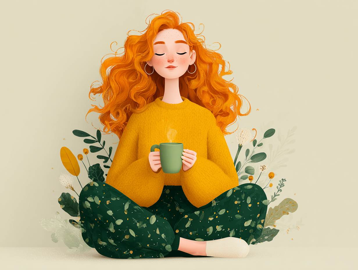 Mulher ruiva com aura dourada tomando chá para saúde e combate à candidíase