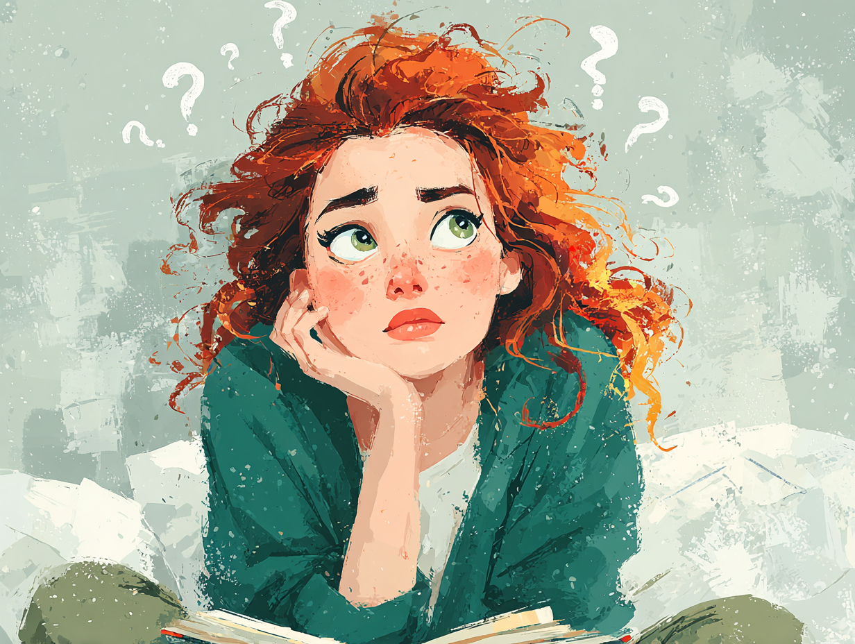 Mulher ruiva com dúvida visível na expressão, segurando um livro e tentando entender sintomas parecidos com candidíase