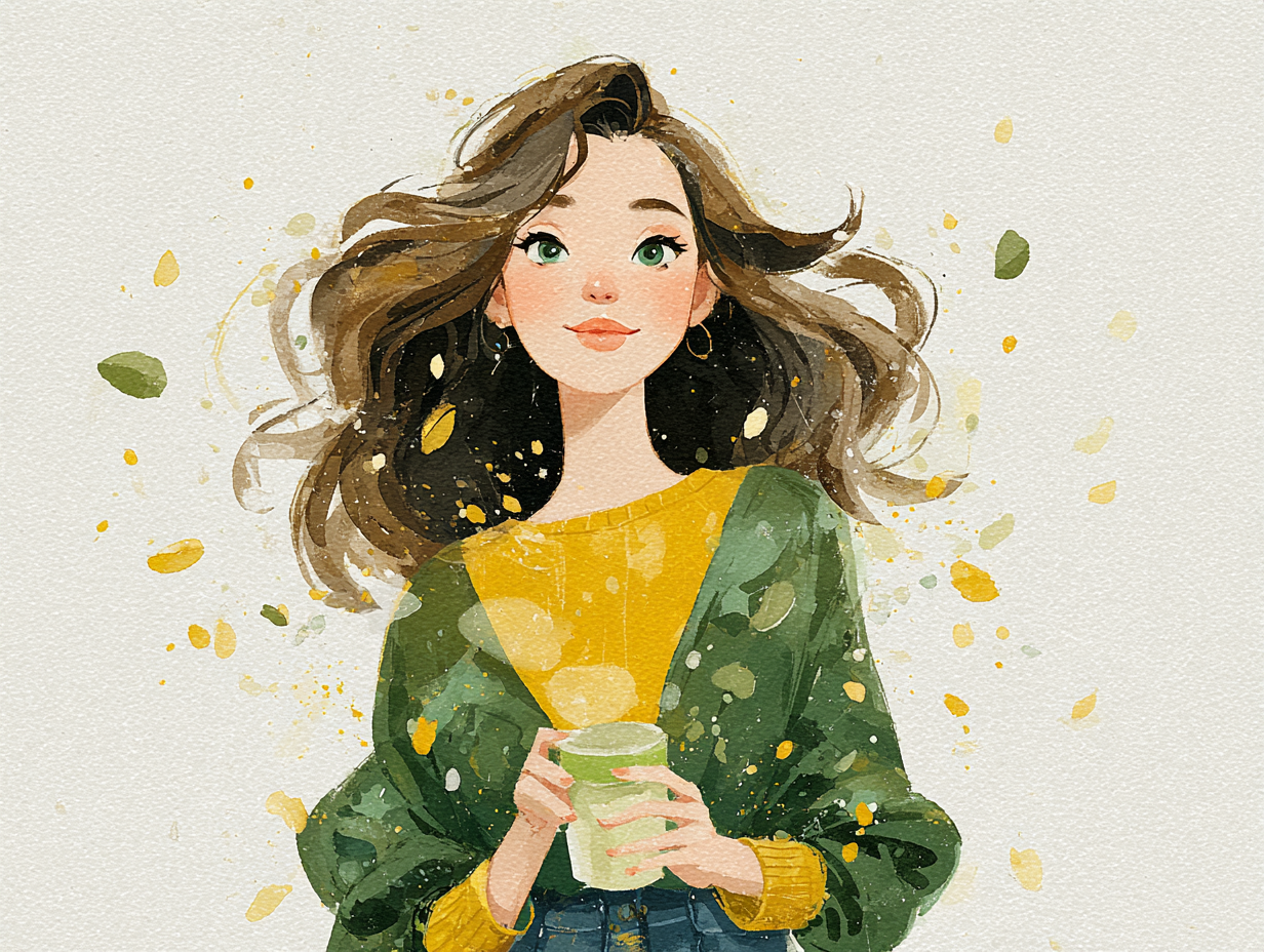 Ilustração flat de mulher saudável e sorridente com aura dourada tomando chá antifúngico, simbolizando recuperação após ter feito um dos melhores tratamentos para candidíase.