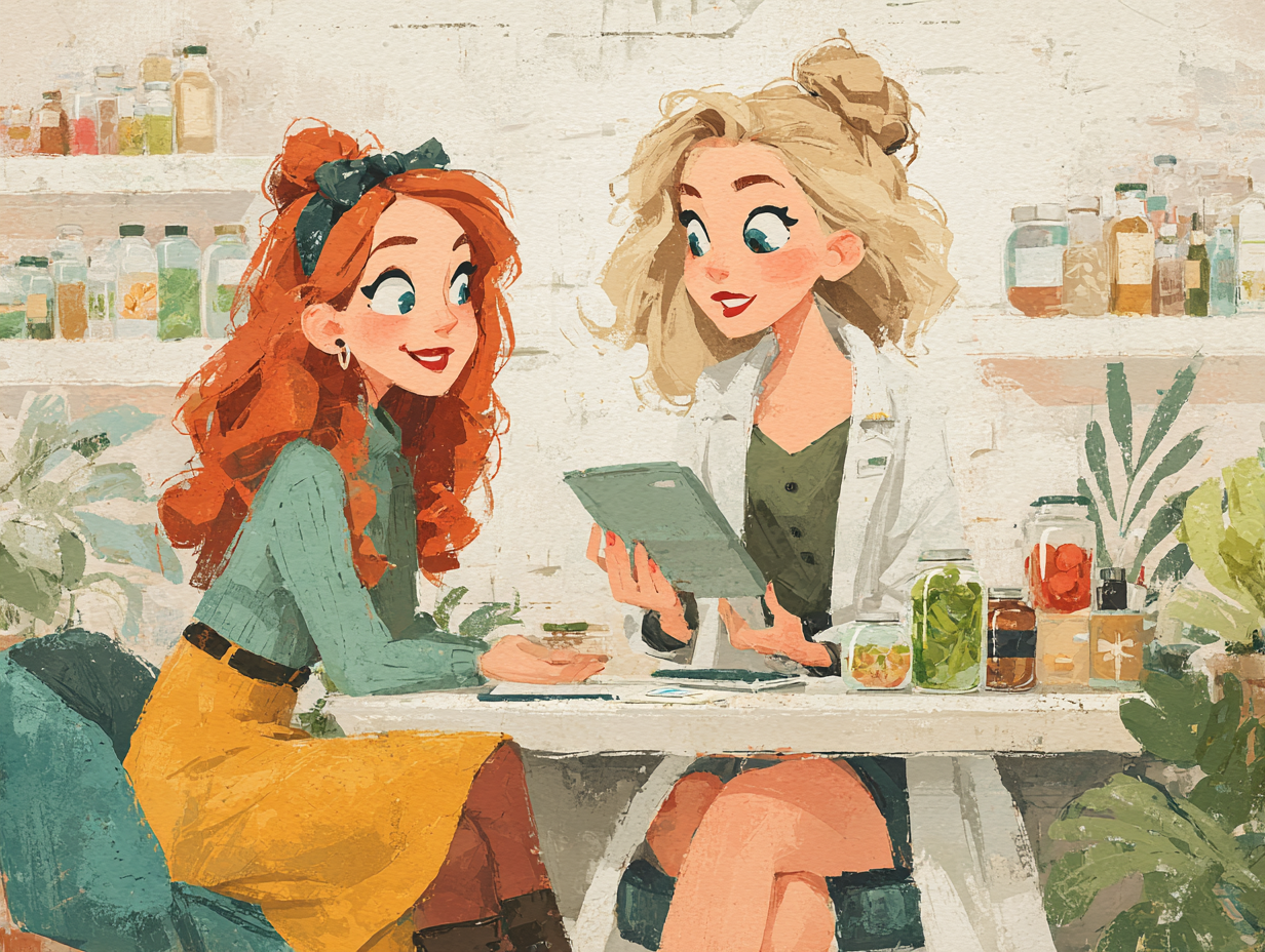 Nutricionista integrativo loiro explicando para uma mulher ruiva como tratar a candidíase com alimentação e hábitos naturais