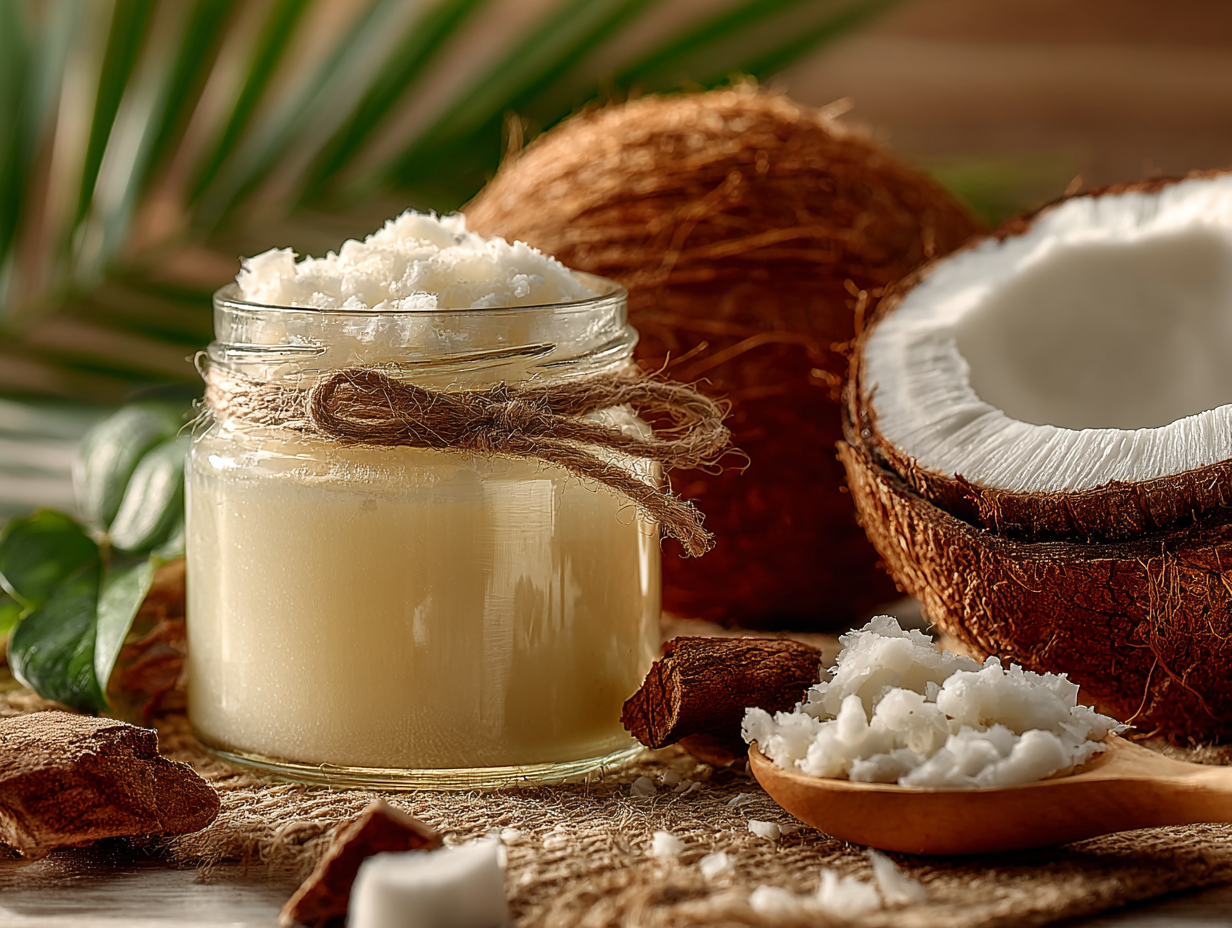 Óleo de coco natural cercado por frutas frescas usado contra candidíase