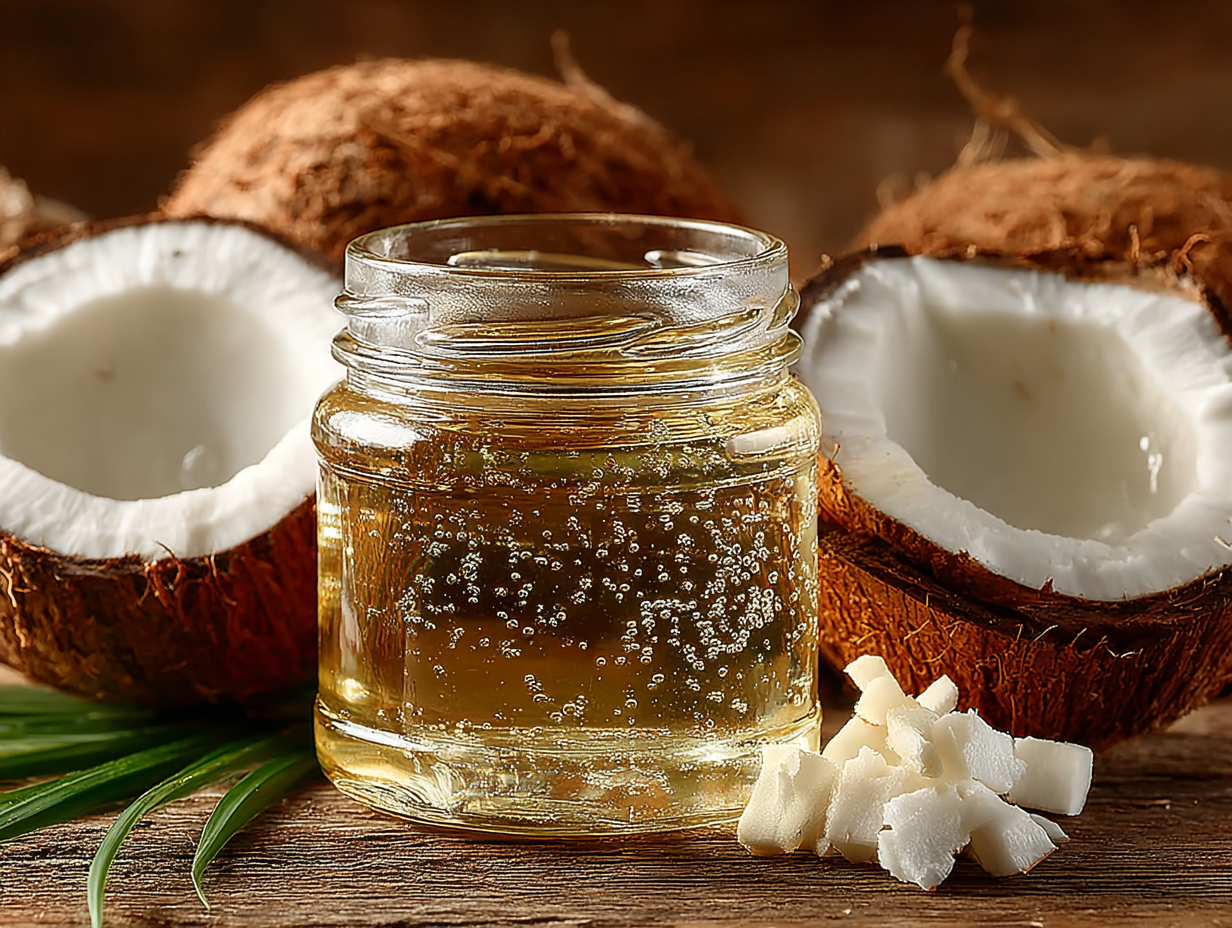 Foto realista de óleo de coco em pote transparente visto de lado, com cocos abertos ao redor, representando o uso funcional do coco contra infecções