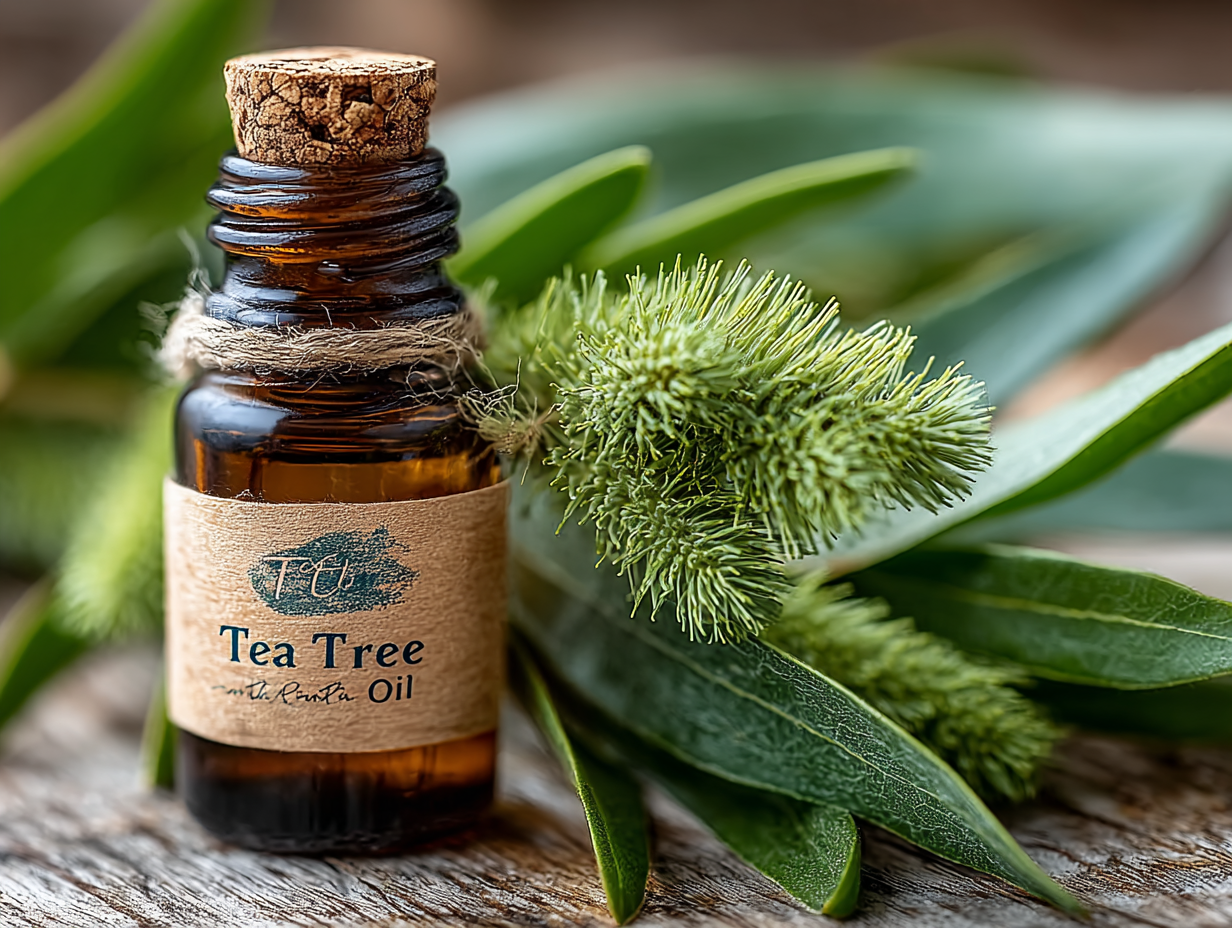 Óleo essencial de melaleuca ao lado de uma folha da planta, usado como remédio natural para candidíase