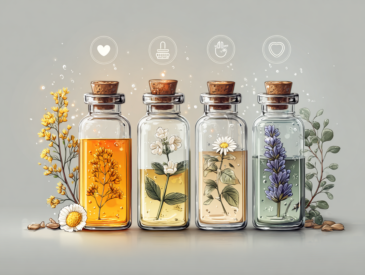 Óleos essenciais antifúngicos como orégano e tea tree, com visual limpo e natural sobre fundo branco.