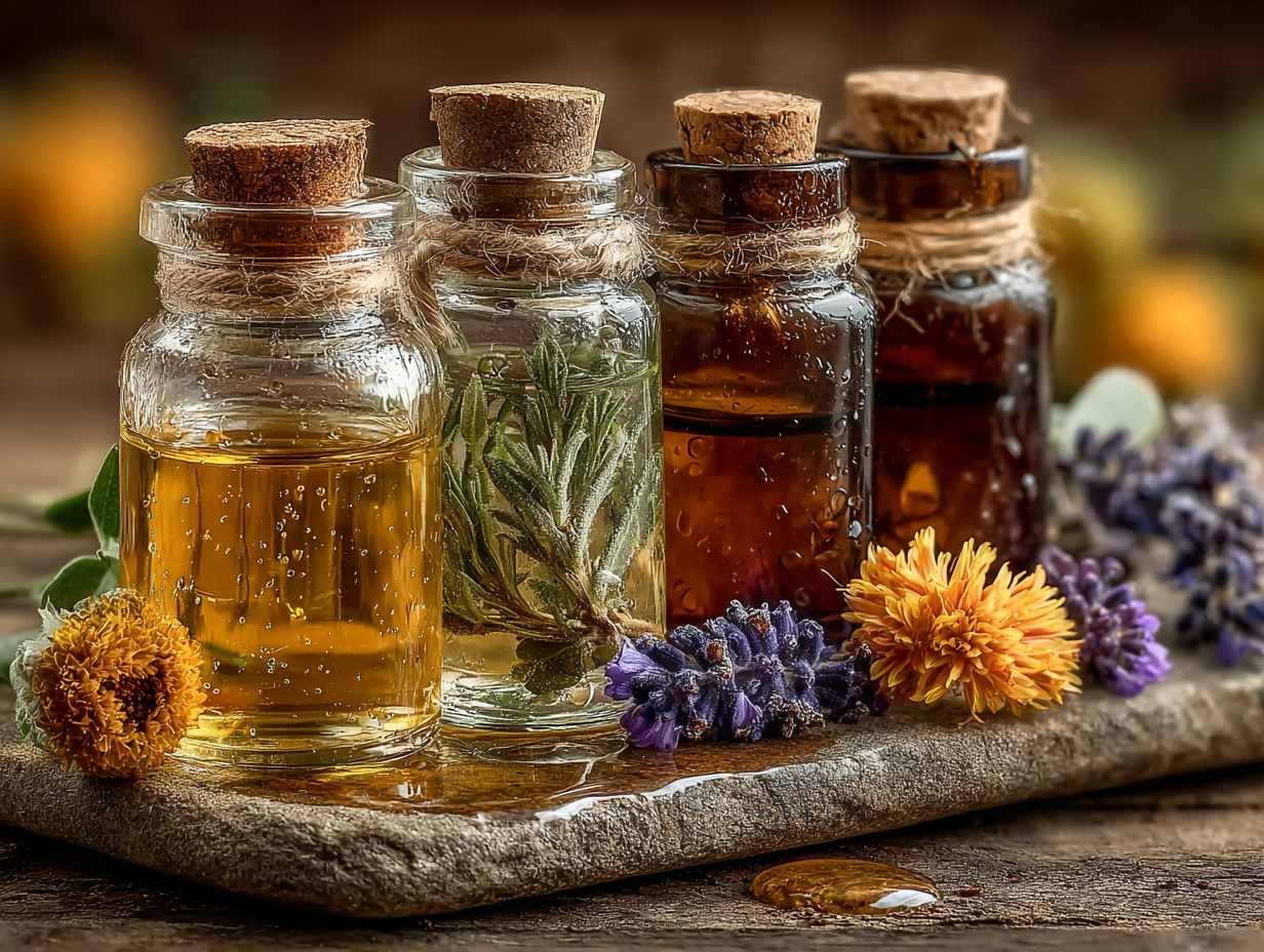 Imagem realista com óleos essenciais organizados entre plantas aromáticas, simbolizando o uso terapêutico contra infecções fúngicas.