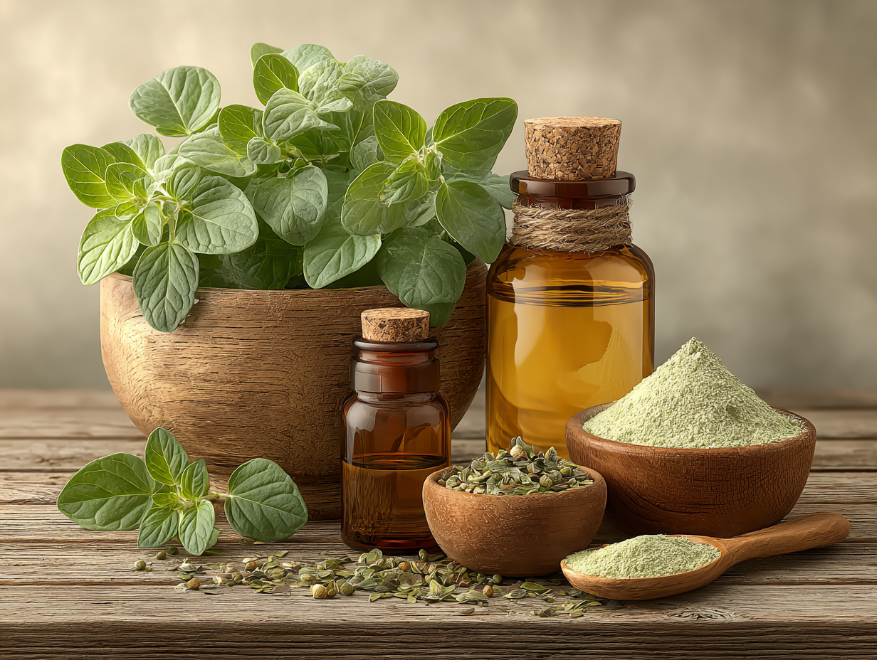 Mesa com orégano em diferentes formas — folhas frescas, secas, óleo essencial e pó — ilustrando opções de remédio caseiro para candidíase com foco antifúngico natural.