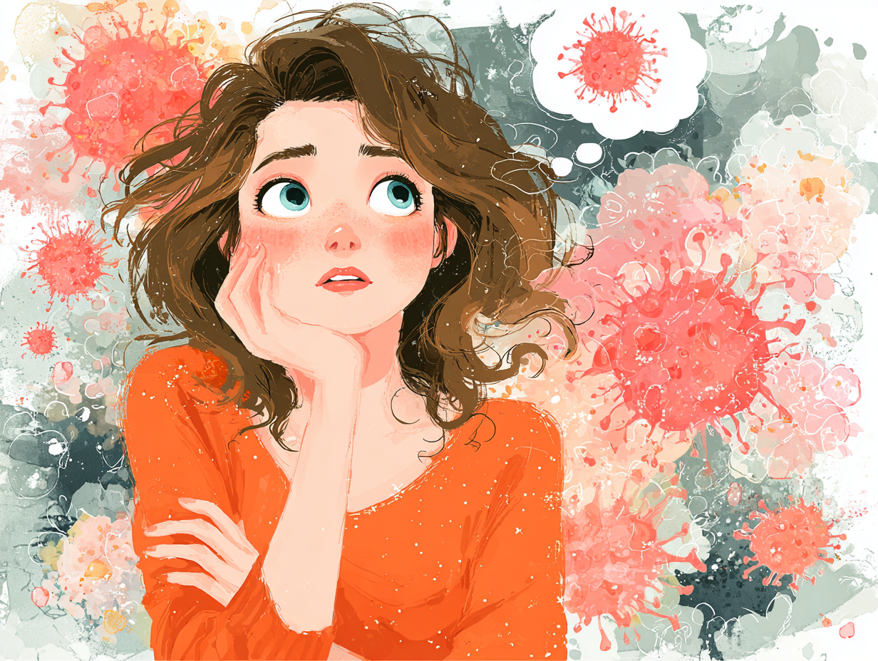 Ilustração flat de mulher pensativa com balão mostrando o fungo da candidíase, representando incerteza