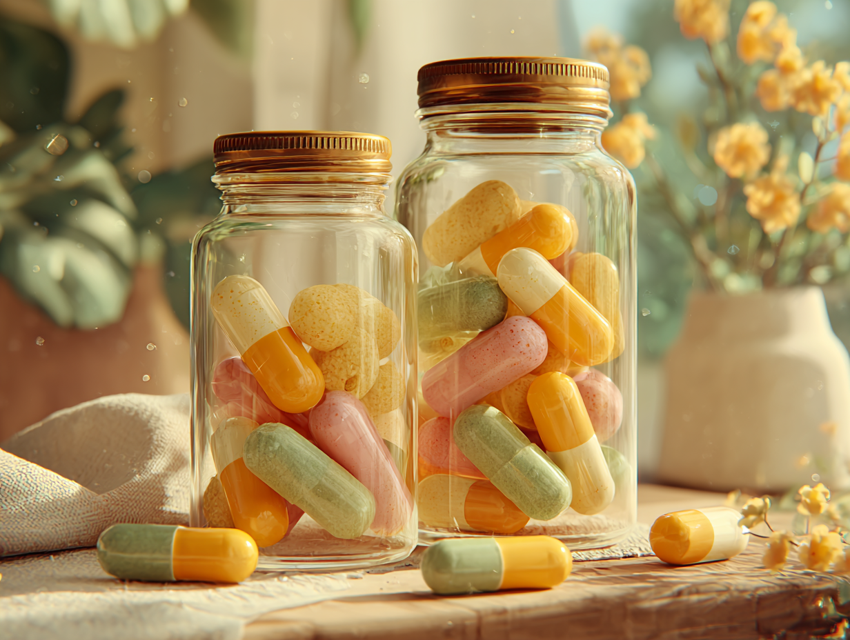 Ilustração flat com dois potes transparentes de suplemento contendo cápsulas visíveis, com algumas espalhadas sobre a mesa, em um ambiente acolhedor e natural.