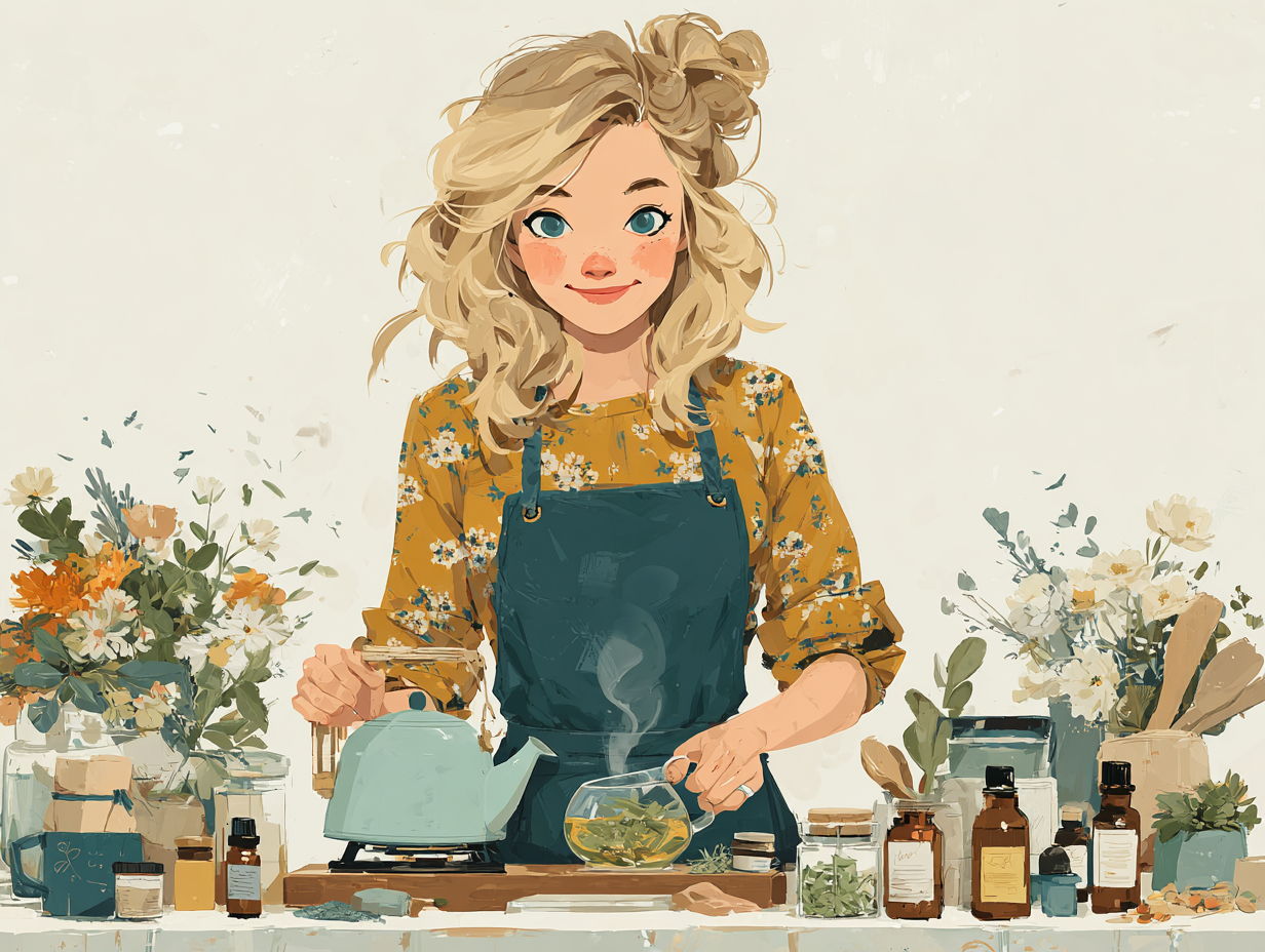 Ilustração de uma mulher loira feliz preparando chá com ervas antifúngicas como orégano, camomila e hibisco sobre a mesa, representando cuidado natural para candidíase