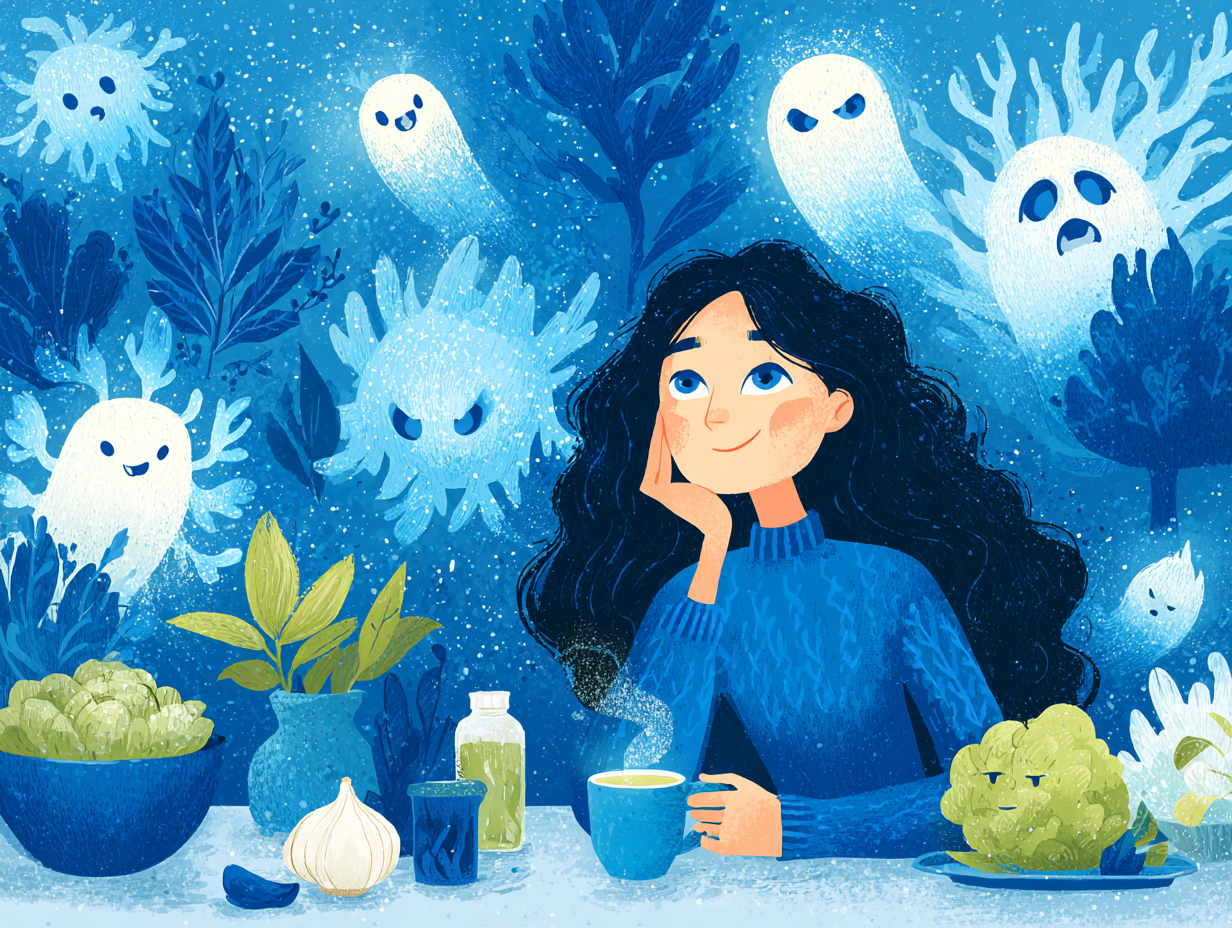 Mulher tomando chá em um ambiente calmo, rodeada de alimentos antifúngicos e ícones de intestino saudável, enquanto fungos fantasmas assustados se afastam, simbolizando a prevenção natural da candidíase.